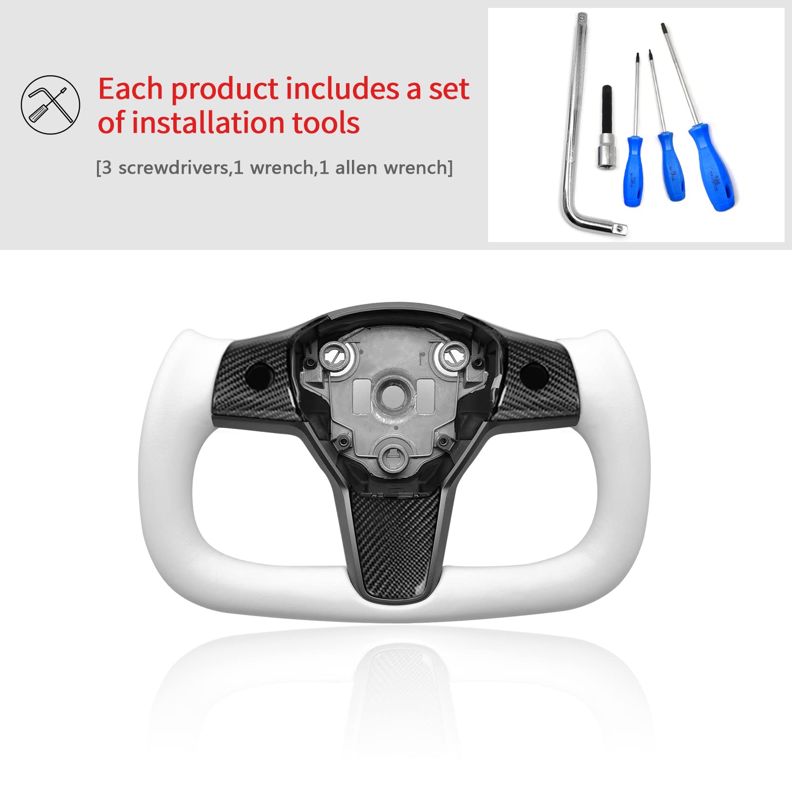 YAMUDA Carbon Fiber Steering Wheel for Tesla Model 3 & Y (All Years) - White Aircraft Disc Square Design - Perfect for Racing, Custom Car Mods & Luxury Interior Upgrades