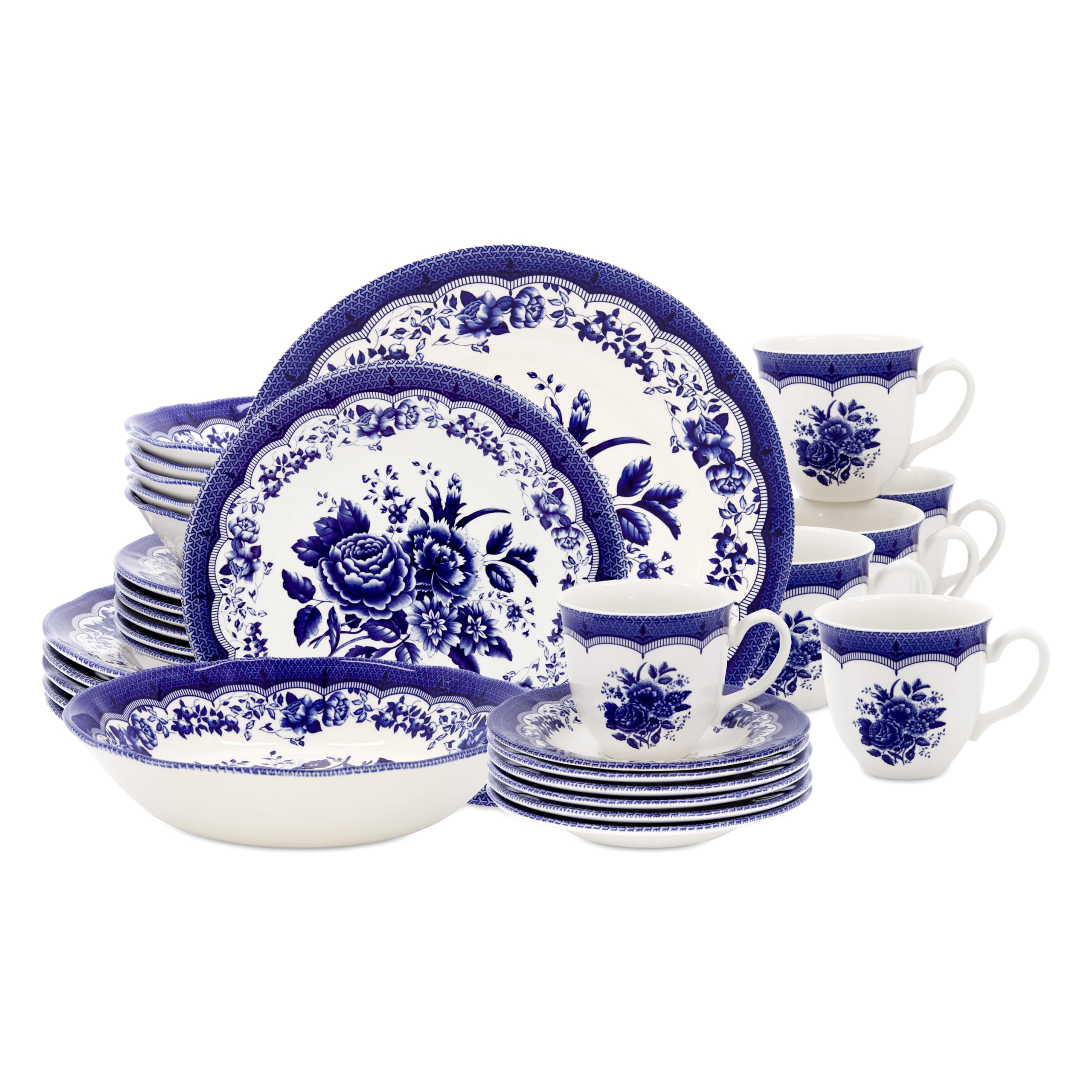 Tudor Royal 30-Piece Porcelain Dinnerware Set - Service for 6, Blue Floral Design, Round Plates Bowls Mugs & Saucers | Elegant Glossy Finish, High-Quality Tableware for Dining, Entertaining & Special Occasions | Perfect for Weddings, Dinner Parties & Home Decor