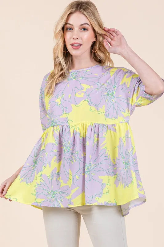 BOMBOM Floral Babydoll Tunic Top for Women - Cute Summer Blouse with Ruffles & Lace Trim - Perfect for Date Night, Beach Cover-Up, and Casual Outfits