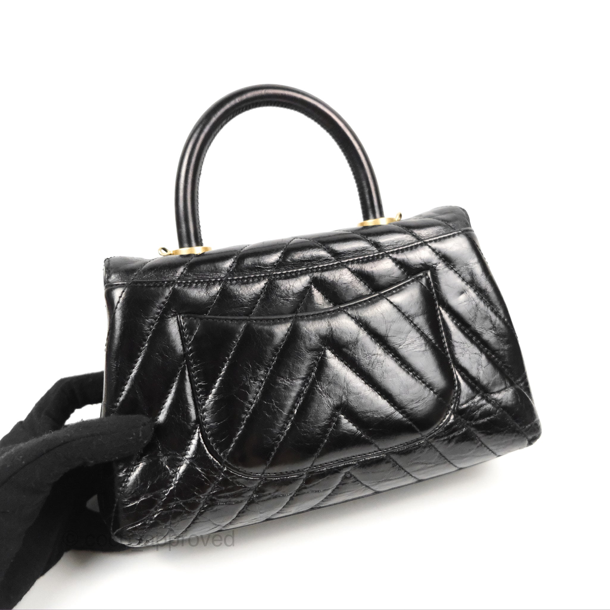 Chanel Chevron Small Coco Handle Bag - Black Shiny Aged Calfskin with Aged Gold Hardware | Luxury Crossbody Purse for Women, Perfect for Evening Parties & Date Nights