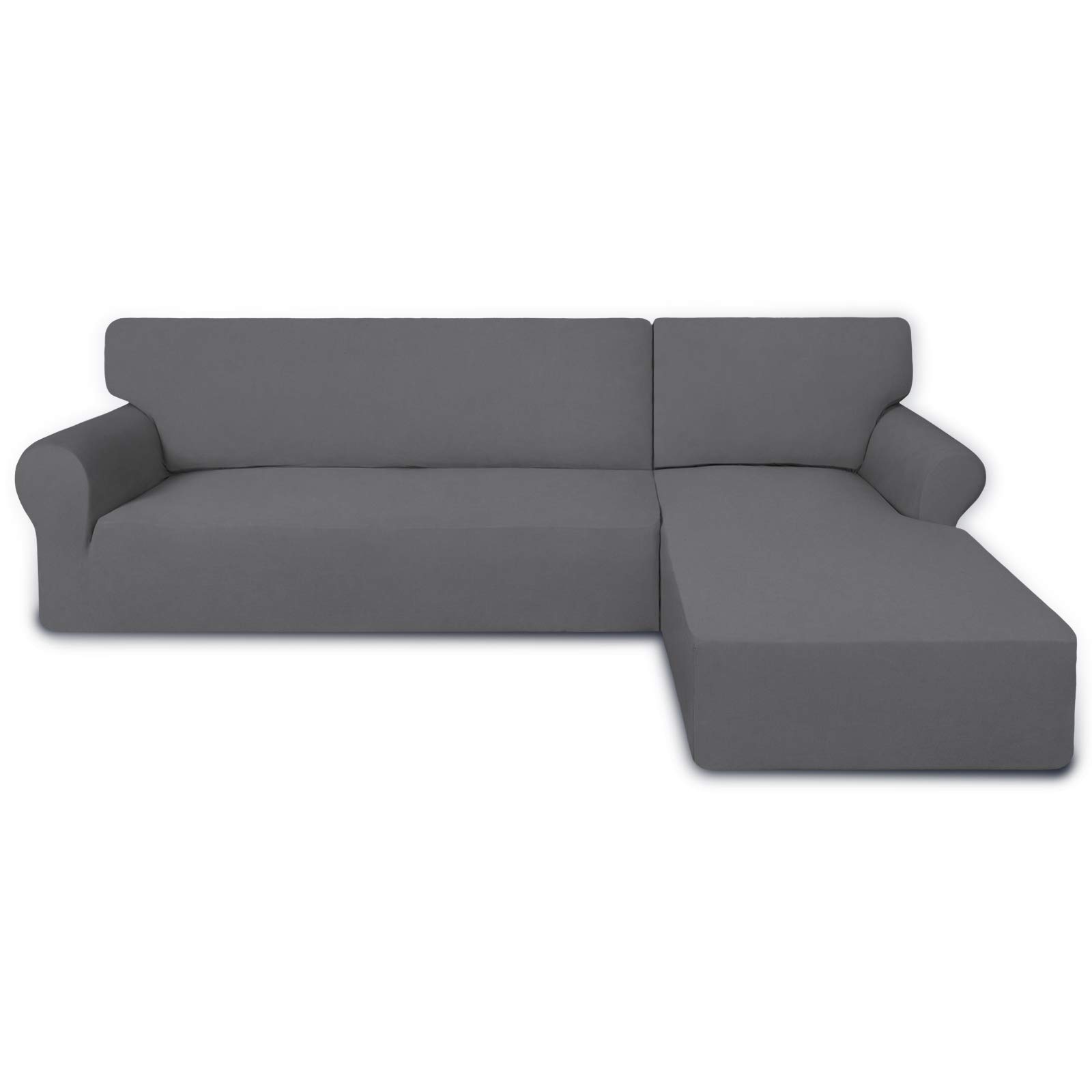 PureFit Super Stretch Sectional Sofa Cover - 2 Piece Spandex Non-Slip Couch Cover with Elastic Bottom for L-Shaped Sectionals, Pet & Kid Friendly (3-Seater + Chaise, Gray) | Perfect for Living Room, Family Room & Home Theater Protection