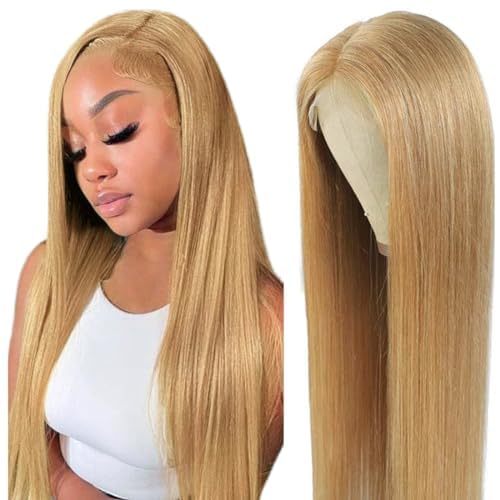 FTQZKEY 16 Inch Honey Blonde Straight Human Hair Lace Front Wig - 180% Density, 13x4 HD Lace, 27 Color Options | Natural Look for Cosplay, Daily Wear & Special Occasions
