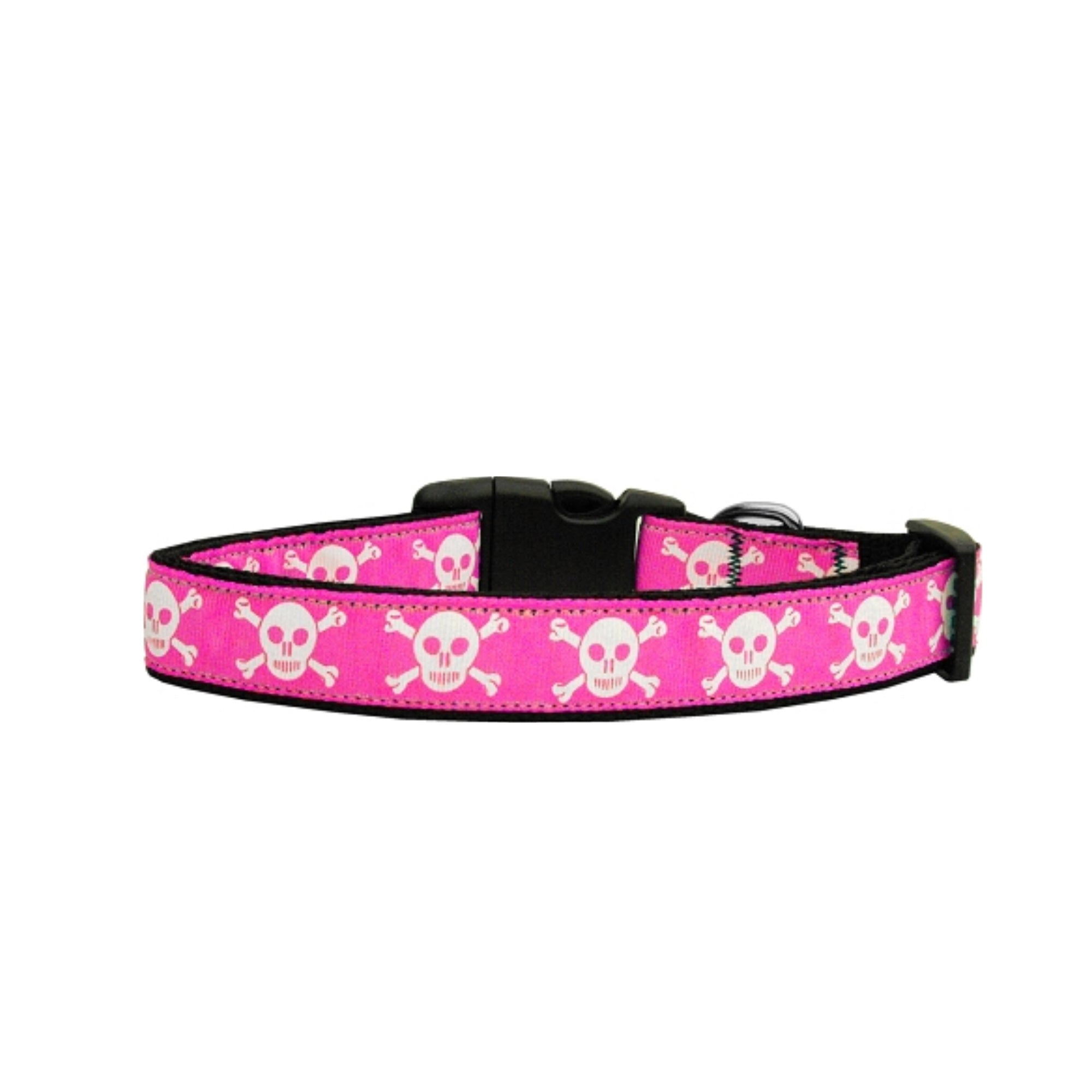 Pink Skull Nylon Dog Collar - Adjustable Pet Collar for Small Medium Large Dogs - Durable Reflective Safety Collar for Walking, Training & Nighttime Use