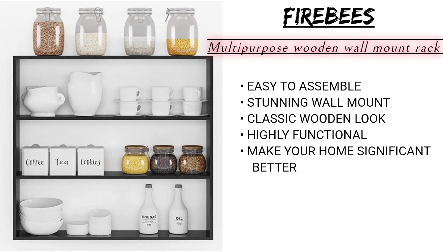 FireBees Wooden Wall Mounted Kitchen Storage Shelf - Space Saving Organizer for Spices, Utensils & Cookbooks - Perfect for Small Kitchens, Pantries & Bathroom Storage