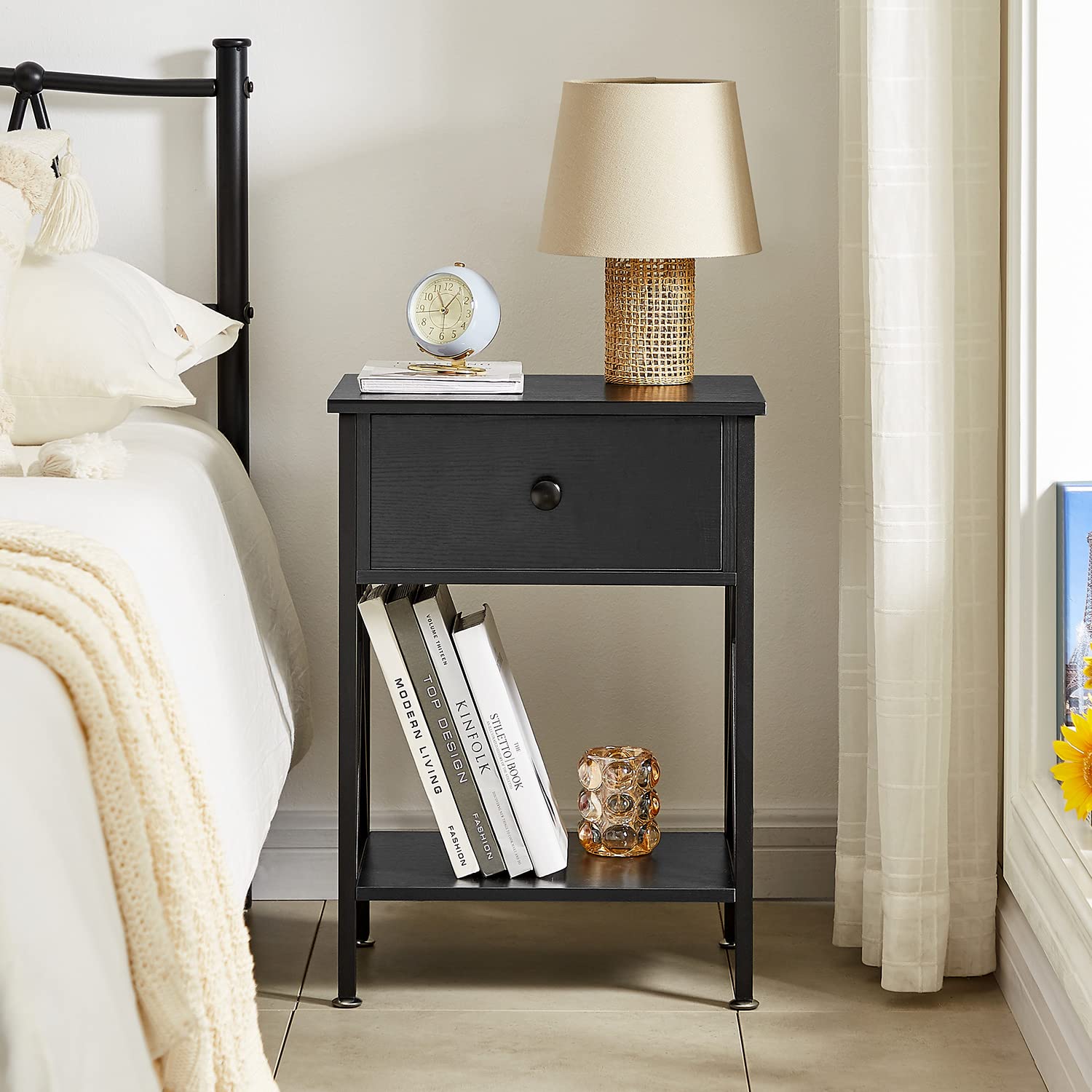 VECELO Nightstands Set of 2 - Modern Bedside Tables with Drawer & Storage Shelf, Industrial Metal Frame Night Stands for Bedroom & Living Room - Dark Black - Perfect for Small Spaces & Apartment Decor