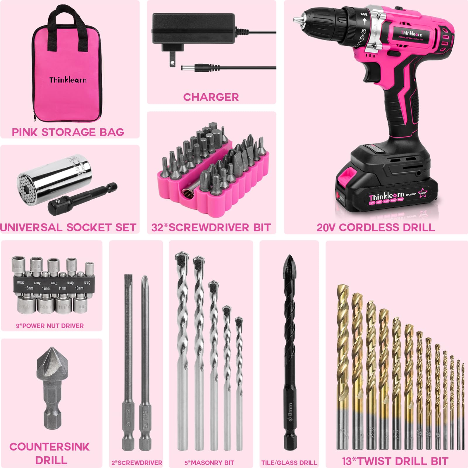 20V Pink Cordless Drill Set for Women - 67Pcs Driver Bits, 3/8