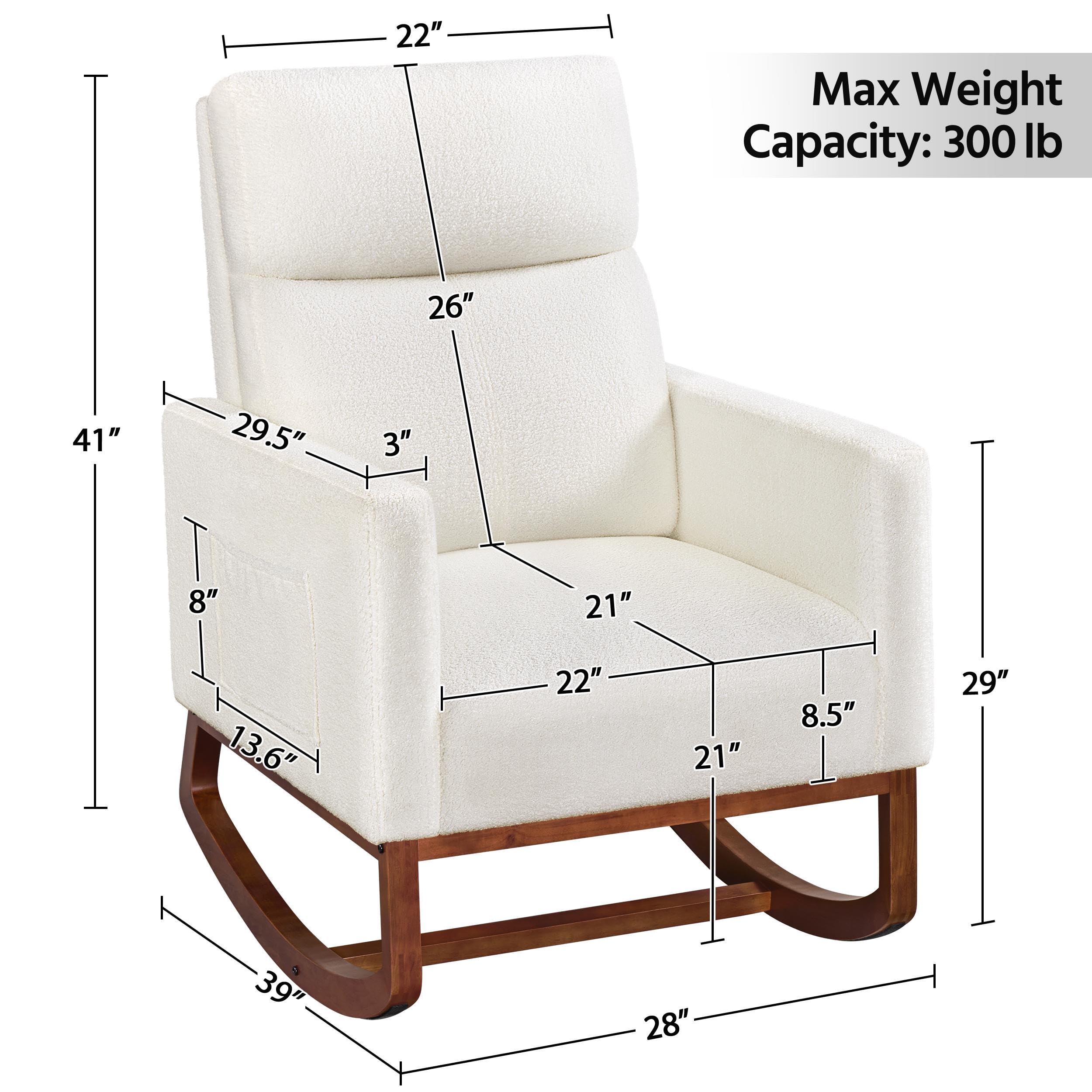 Yaheetech Upholstered Rocking Chair - Boucle Glider Nursery Chair with High Back & Side Pocket, Accent Armchair with Rubber Wood Legs for Living Room, Bedroom, Nursery - Perfect for Nursing, Reading & Relaxing (Ivory)