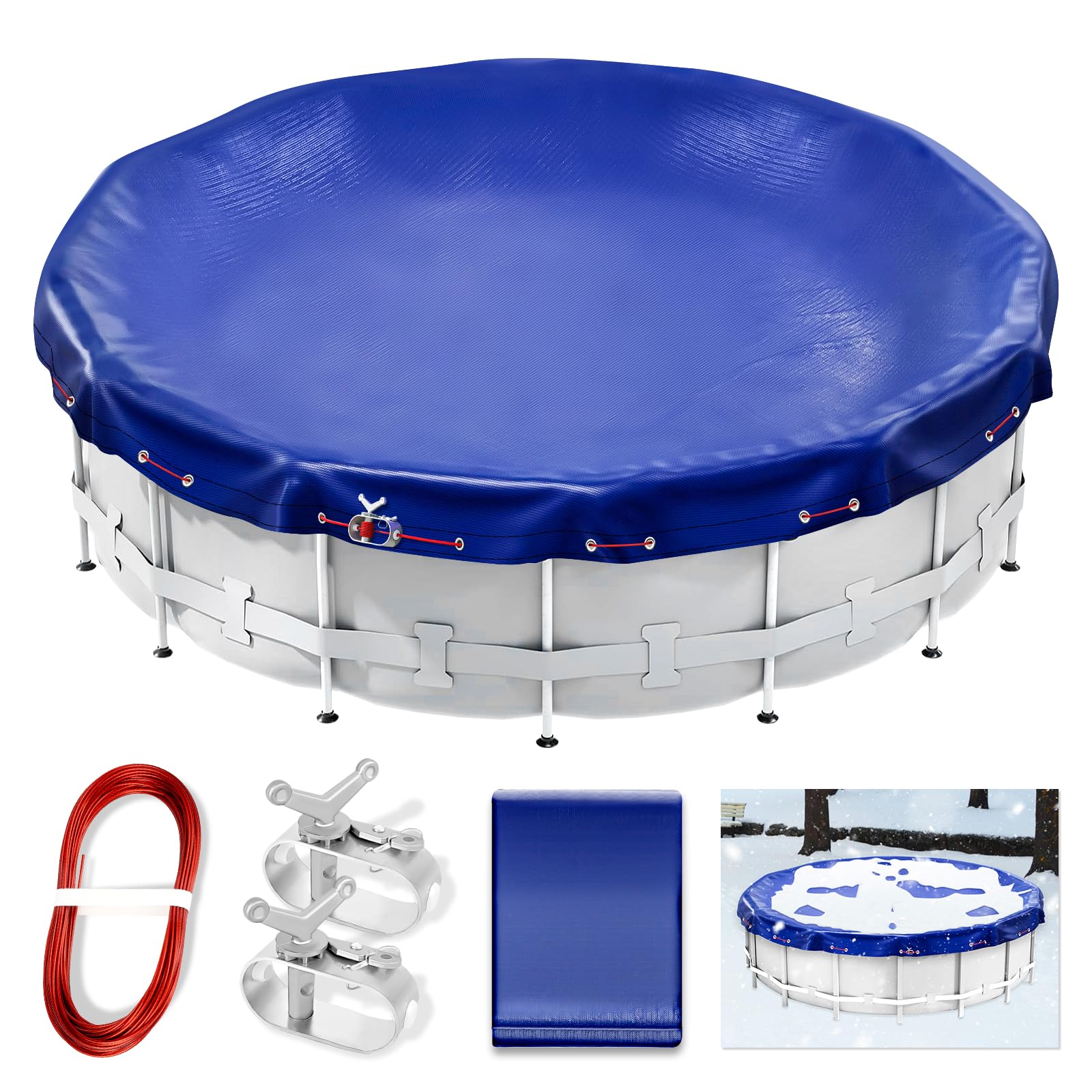24FT Round Winter Pool Cover for Above Ground Pools - Heavy Duty UV Protected with Cable & Winch System - Waterproof & Dustproof Blue Pool Cover - Perfect for Winter Protection & Off-Season Storage