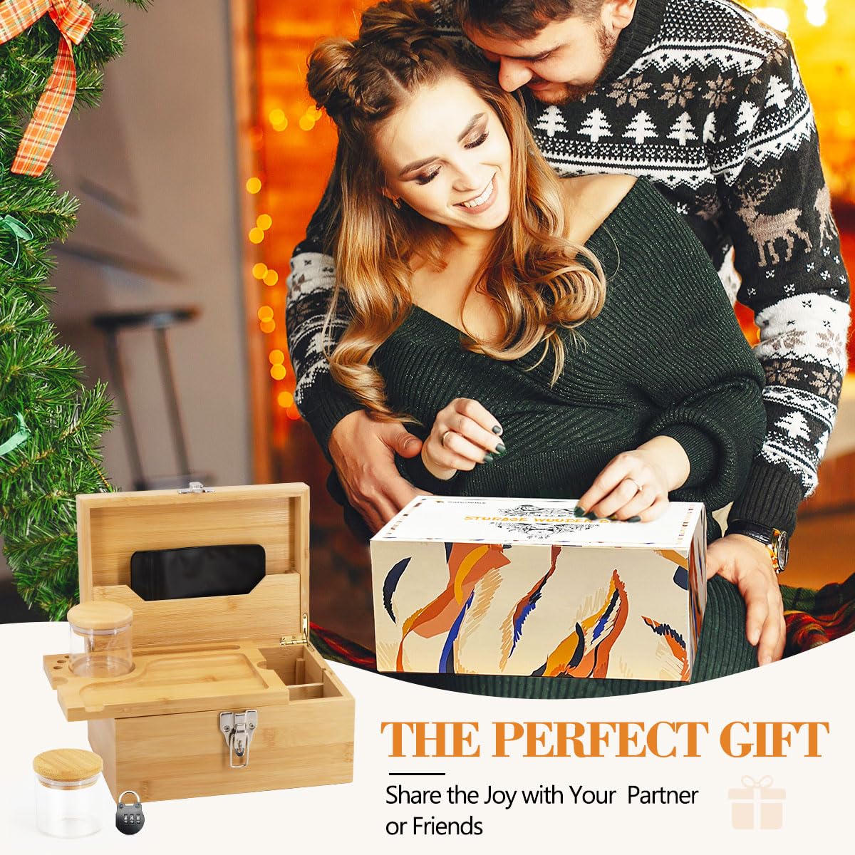 Large Bamboo Storage Box with Combination Lock - Decorative Locking Box with Detachable Compartment, Removable Tray, Jars & Resealable Bags - Perfect for Holiday Gifts, Jewelry Organizer, Home Decor & Office Storage