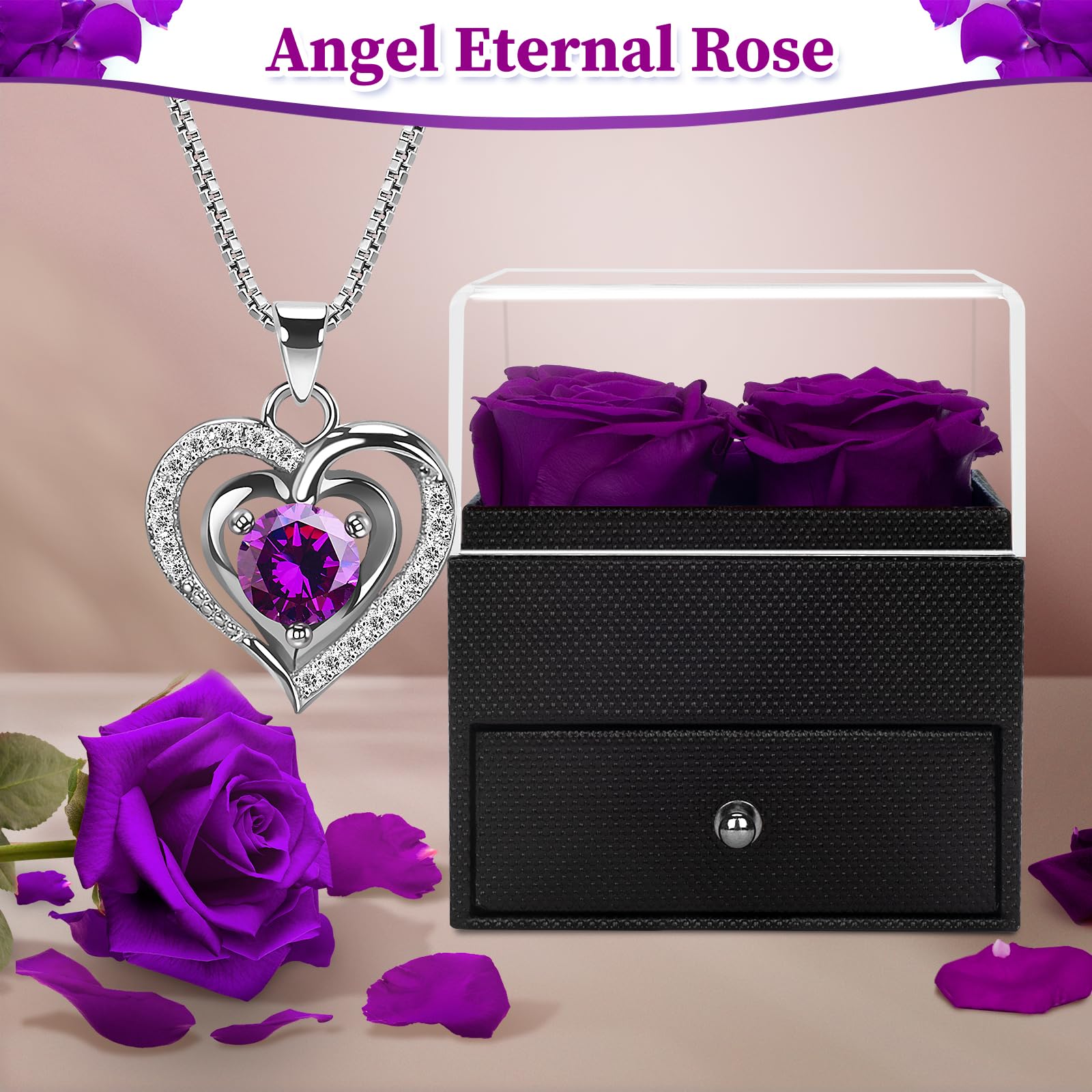 LACCHOUFEE Preserved Rose Gift Box with Necklace - 4 Real Roses Eternal Flower Arrangement for Women, Mom, Wife, Grandma, Teacher, Nurse | Perfect Birthday, Anniversary, Valentine's Day Present for Her - Romantic Home Decor & Special Occasion Gift
