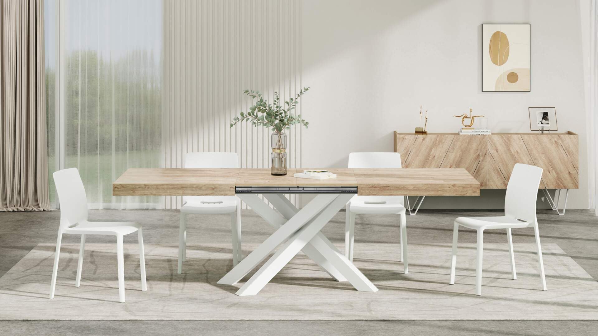 Extendable Dining Table for 6-10 People - 63 to 94.5 Inch Expandable Kitchen Table with White Crossed Legs & Oak Finish | Italian Modern Furniture for Dining Room, Living Room & Small Spaces