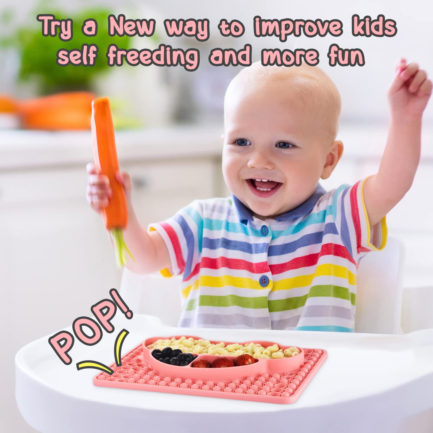 **Non-Slip Silicone Baby Plates with Divided Sections - BPA-Free Toddler Dish Set for Self Feeding & Eating Training - Built-in Pop It Fidget Toy for Kids - Perfect for Mealtime, Snacks & Sensory Play**