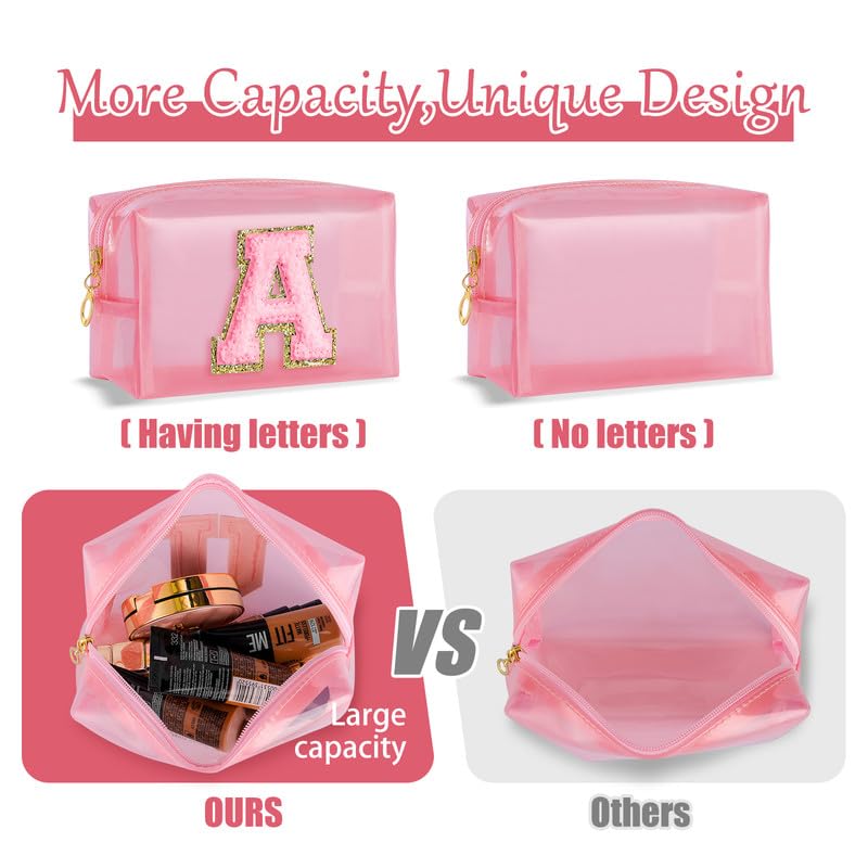 Personalized Initial Makeup Bag - Clear Travel Toiletry Organizer for Women | Cute Cosmetic Pouch for Makeup, Skincare & Jewelry | Perfect Gift for Daughter, Teacher, Birthday (Pink J) | Great for Travel, Gym, Bridal Shower & Daily Organization