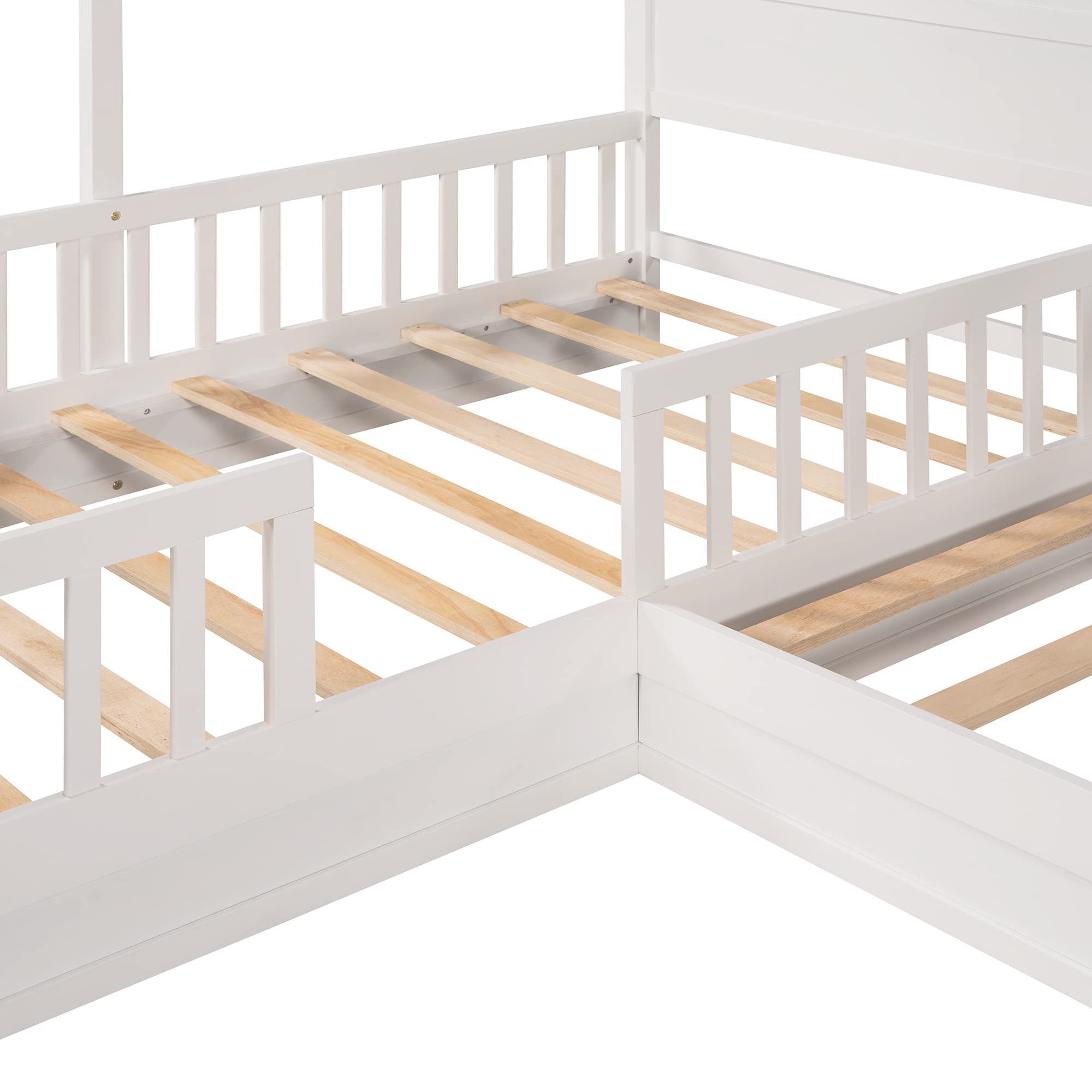 Bellemave L-Shaped Twin Bed Frame with Roof - Solid Wood Corner House Bed for Kids & Teens - Space-Saving Platform Bed for Small Rooms (White) - Perfect for Shared Kids' Bedrooms, Lofts & Cozy Spaces