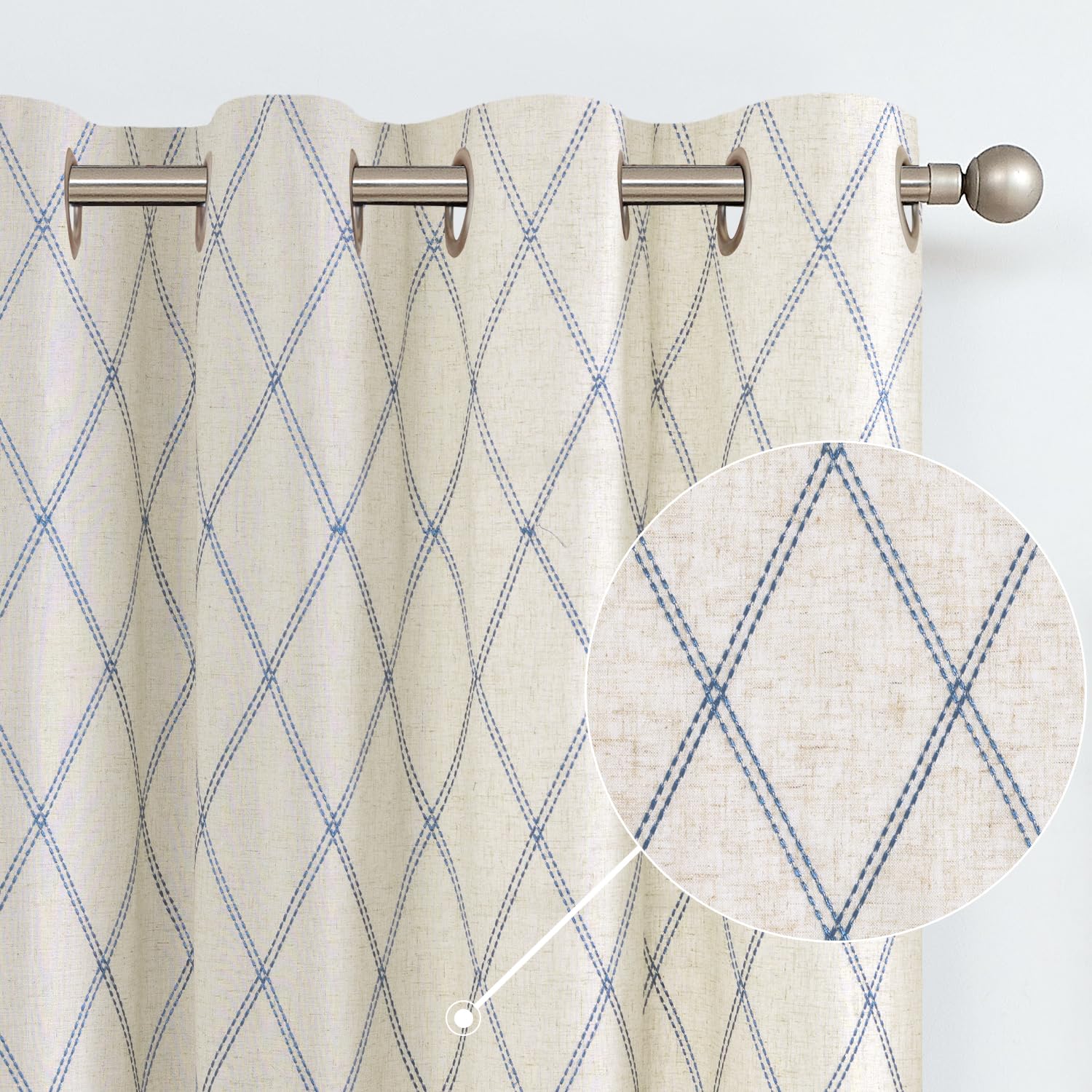 Premium Linen Curtains for Living Room & Bedroom - Blue Diamond Embroidered Geometric Window Drapes with Grommet Top (84 Inch Length, Set of 2 Panels) - Elegant Flax Window Treatment for Home Decor & Light Filtering