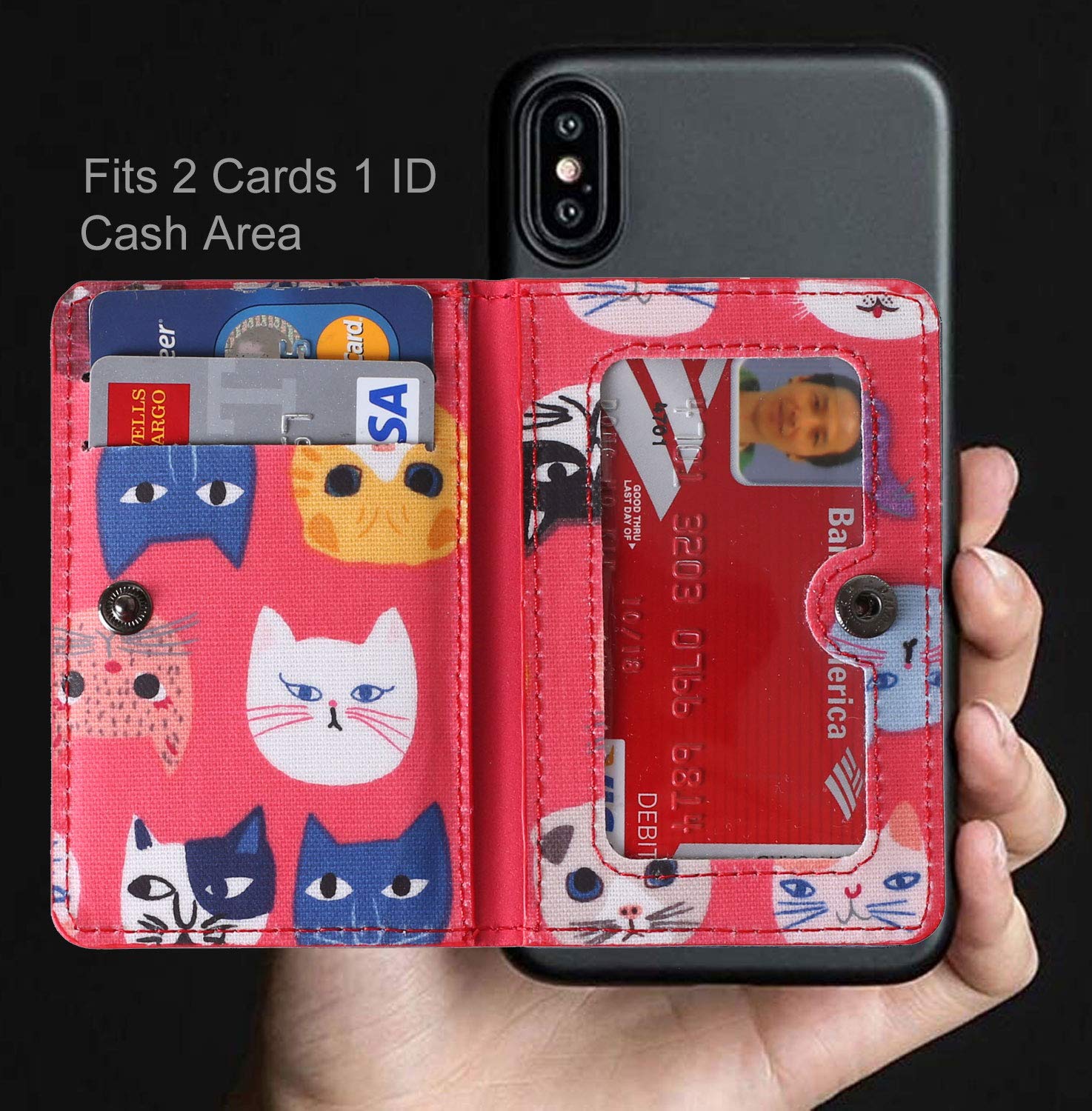 Premium Leather Phone Wallet with ID Card Holder & Stand - Waterproof Adhesive Sticker for iPhone, Samsung & Most Smartphones (Red Cat Design) - Perfect for Work, Travel & Everyday Use