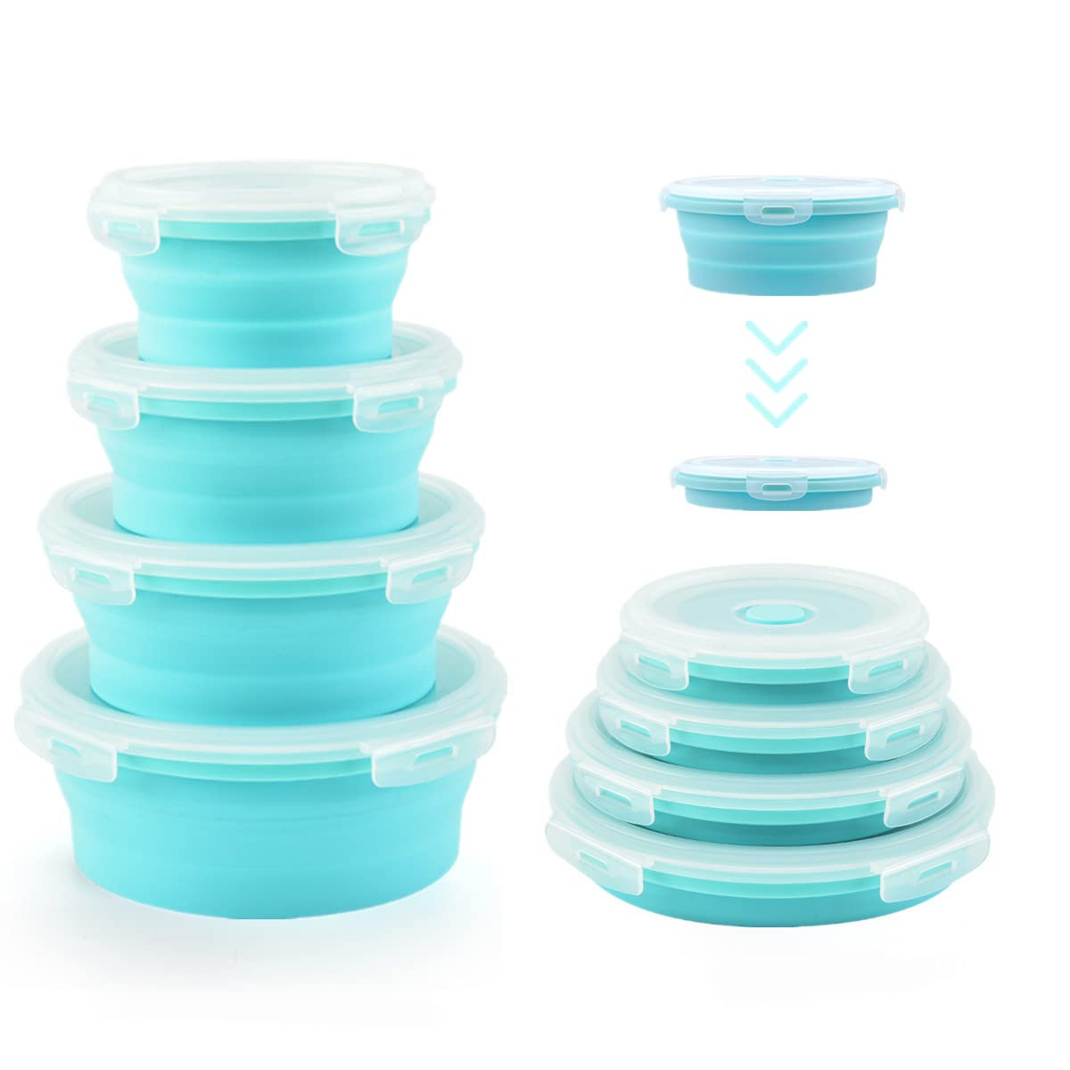 Collapsible Silicone Bowls for Camping - Set of 4 Round Food Storage Containers with Lids | BPA Free, Microwave & Dishwasher Safe | RV Kitchen Accessories & Organization | Perfect for Outdoor Picnics, Travel & Home Use (Blue)