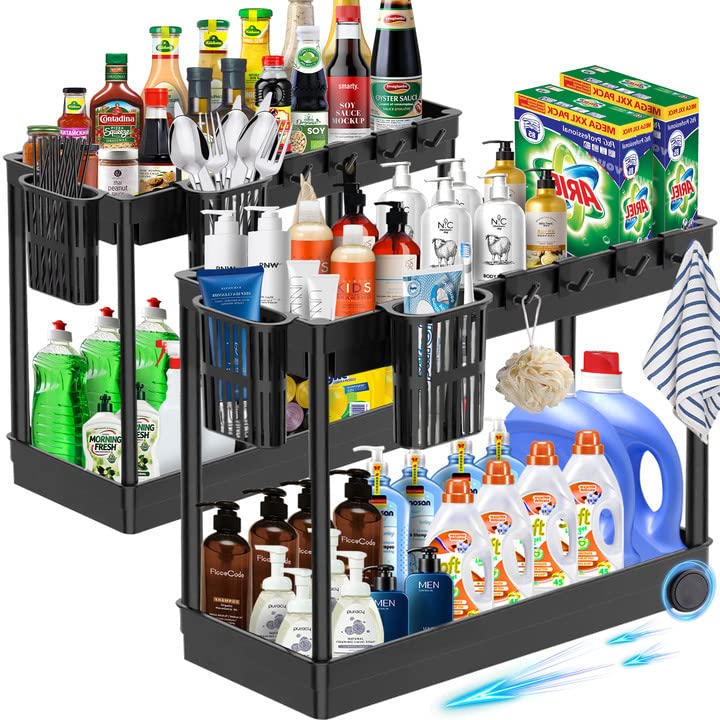 McNory 2-Tier Under Sink Organizer Shelf with 8 Hooks & 4 Hanging Cups - Bathroom & Kitchen Cabinet Storage for Sponges, Cleaning Supplies - Perfect for Small Spaces, Vanity, Countertop Organization