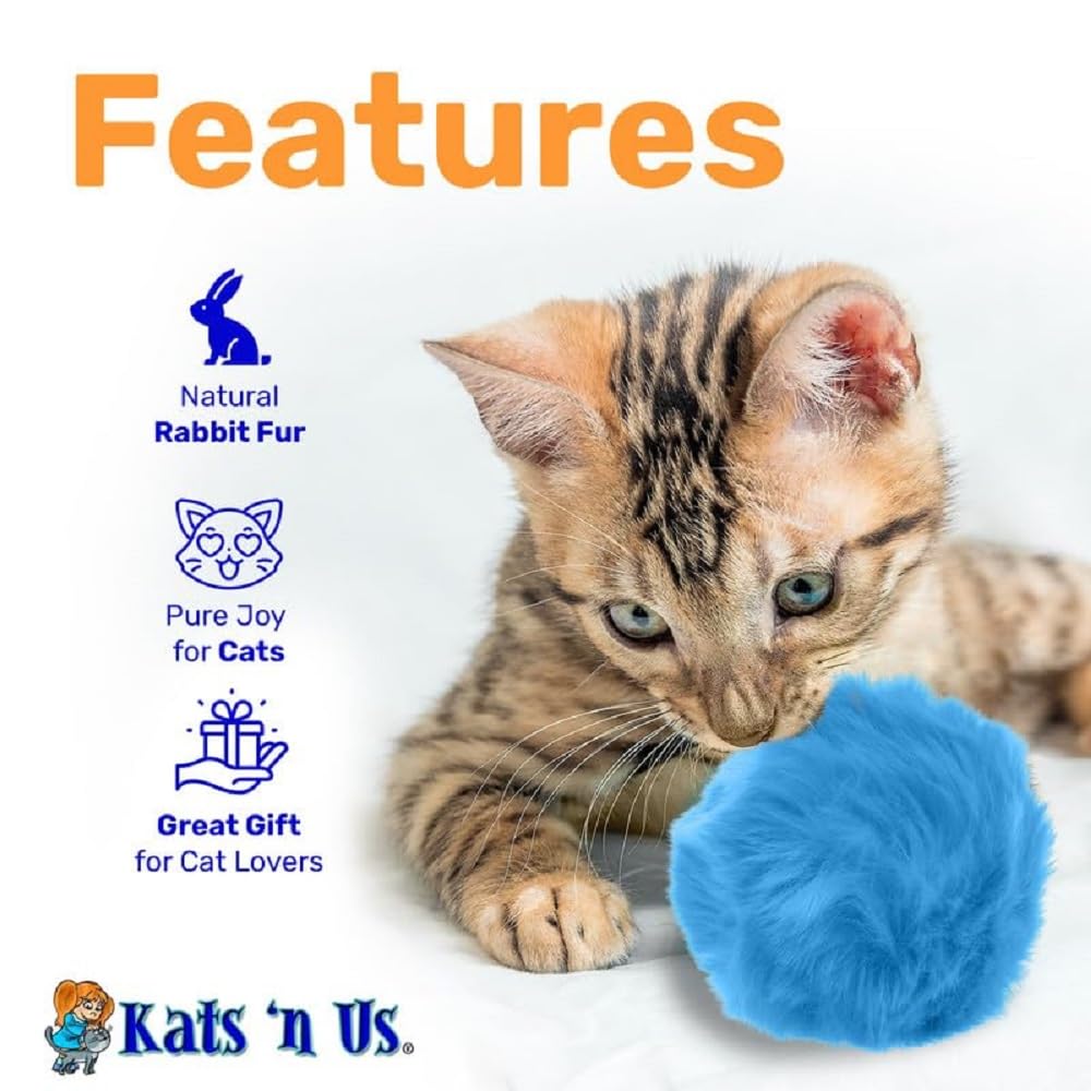 Premium Kats'N Us Cat Toy with Real Rabbit Fur - 5 Pack Multicolor Pom Pom Balls & Plush Puff Balls for Indoor Cats & Kittens - Interactive Play, Stress Relief & Hunting Simulation for Happy Felines