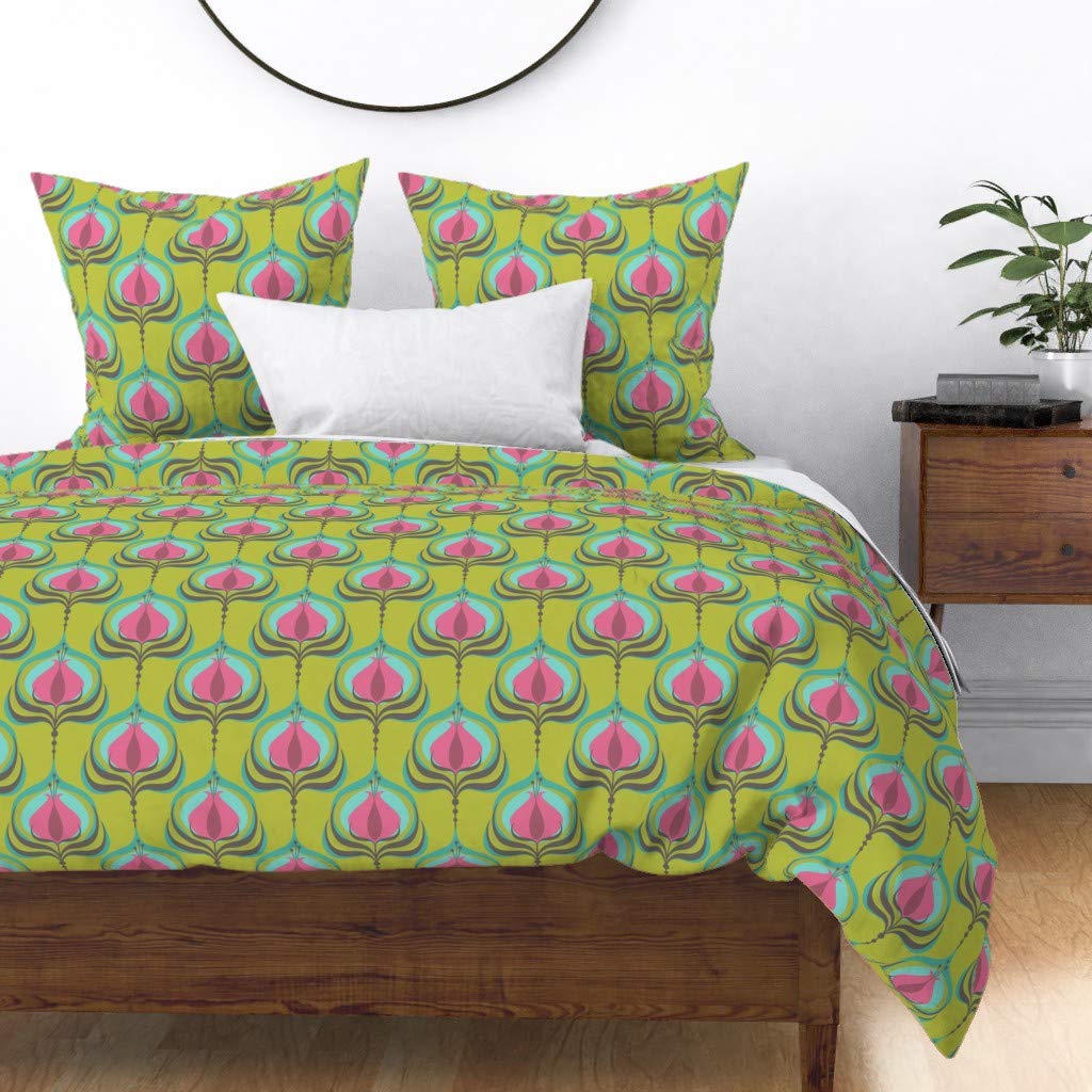 Custom Chartreuse Art Deco Floral Duvet Cover King/California King - Vintage Retro Modern Cotton Sateen Bedding with Bold Lime Pink Peacock Print | Perfect for Bohemian, Eclectic & Luxury Bedroom Decor