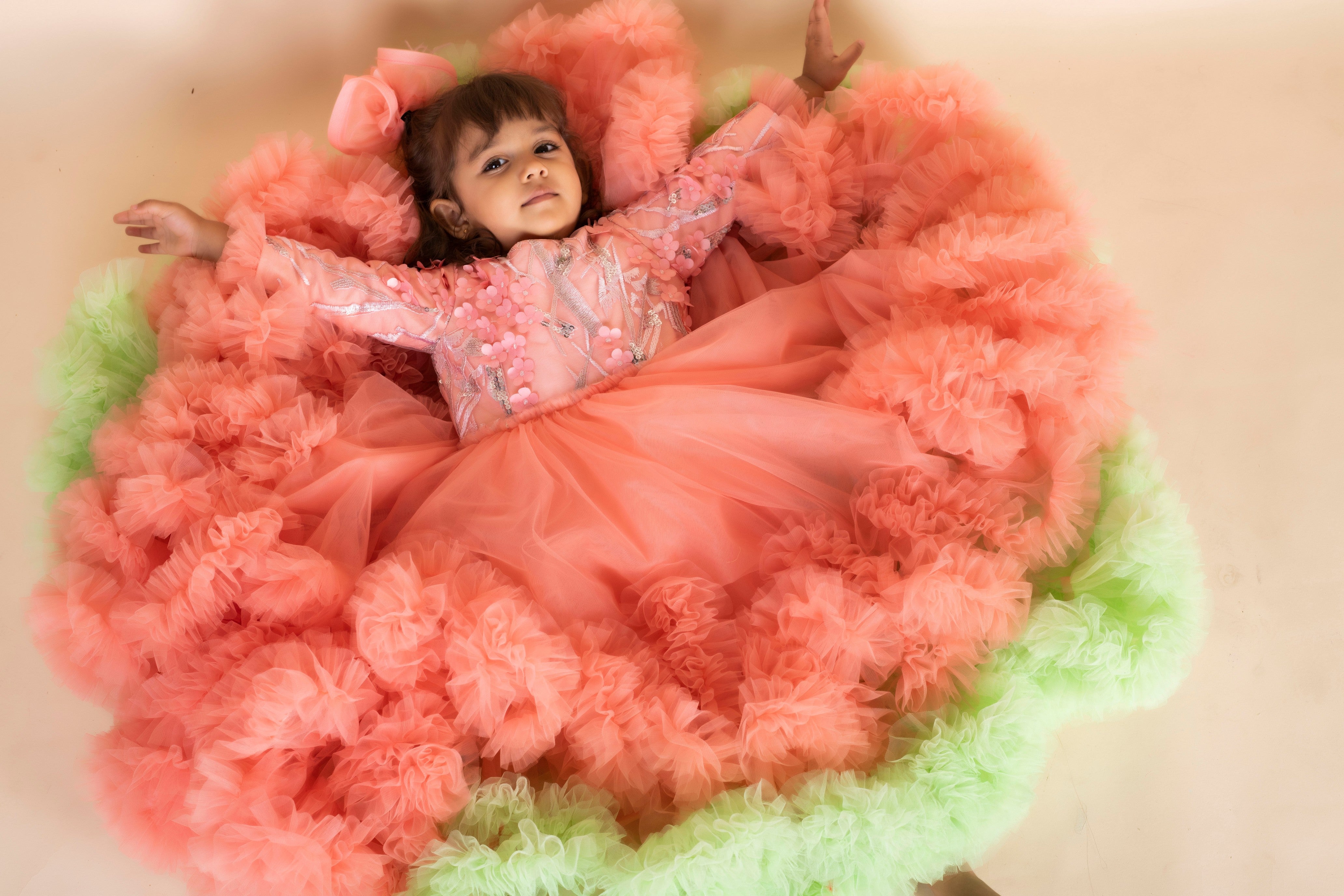 Pre Order: Elegant 3D Flower Peach Green Ruffled Gown for Women - Perfect for Weddings, Prom, and Special Occasions