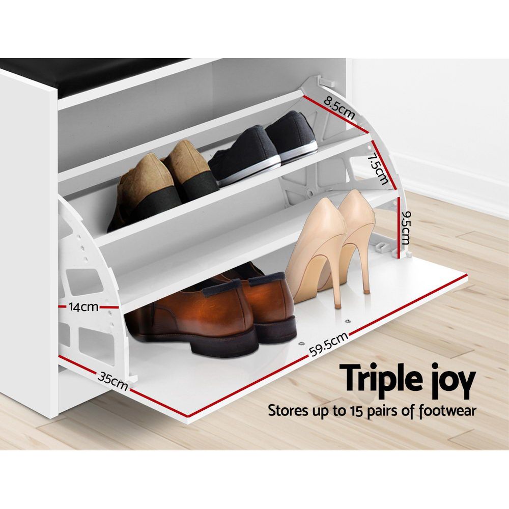 White Shoe Cabinet Bench with Drawers - 15 Pair Shoe Storage Organizer for Entryway, Bedroom, or Closet - Space Saving Shoe Rack with Seat