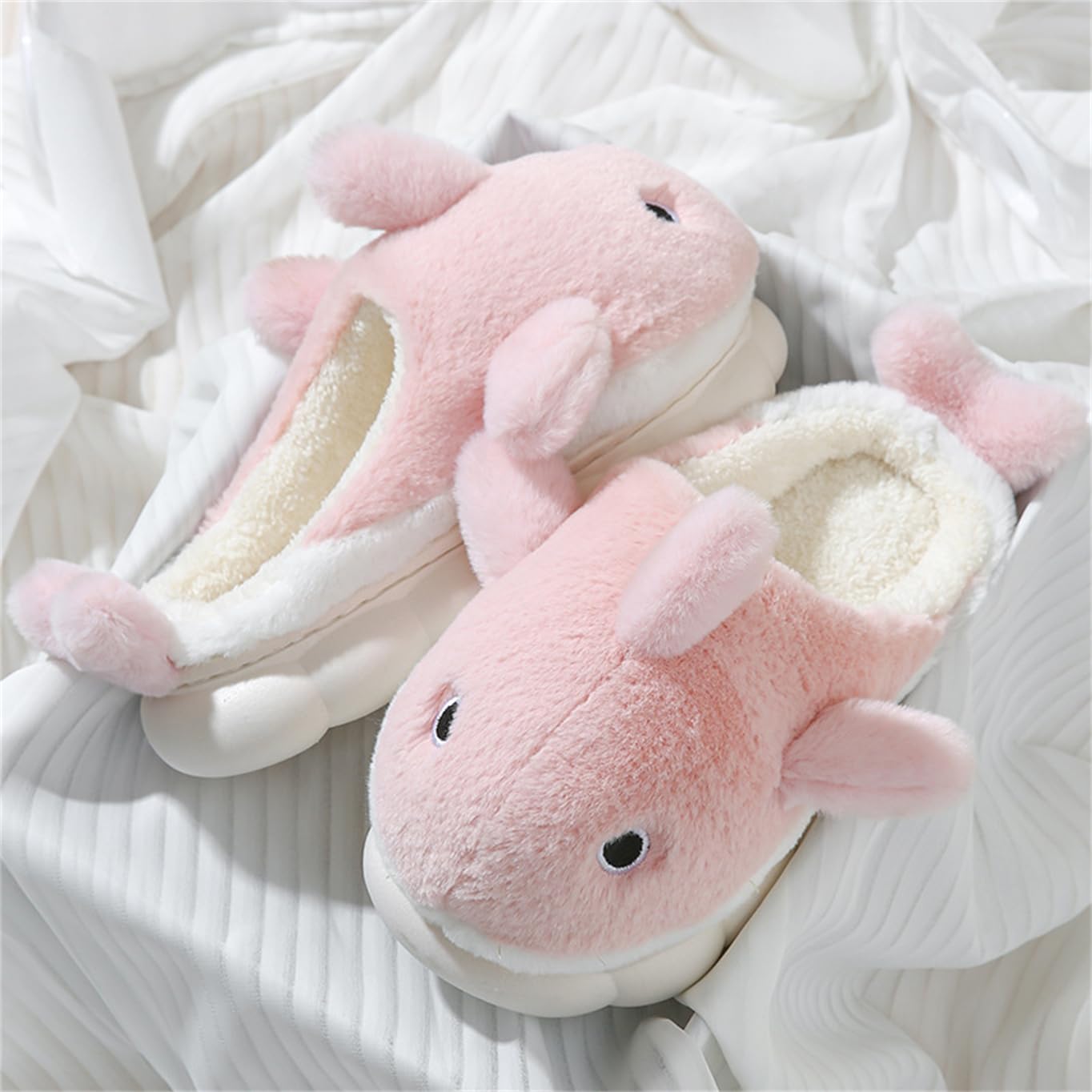 Soft Plush Shark Slippers for Men & Women - Cozy Winter Indoor/Outdoor House Shoes with Thick Sole - Warm Animal Cartoon Cotton Slippers for Home, Office & Travel Use