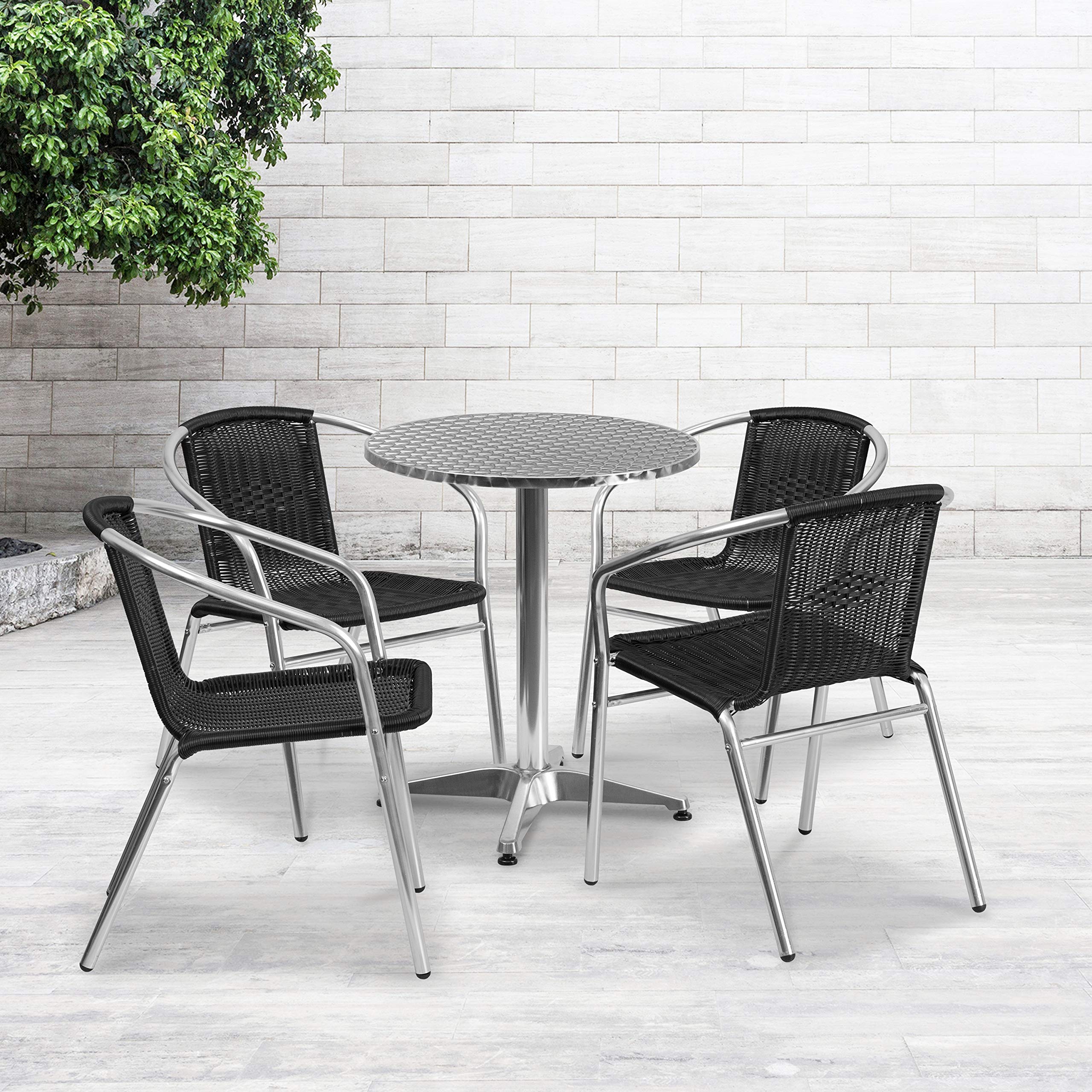 Flash Furniture Lila 23.5'' Round Aluminum Patio Dining Table Set with 4 Black Wicker Chairs - Perfect for Outdoor Entertaining, Backyard BBQs & Poolside Relaxation