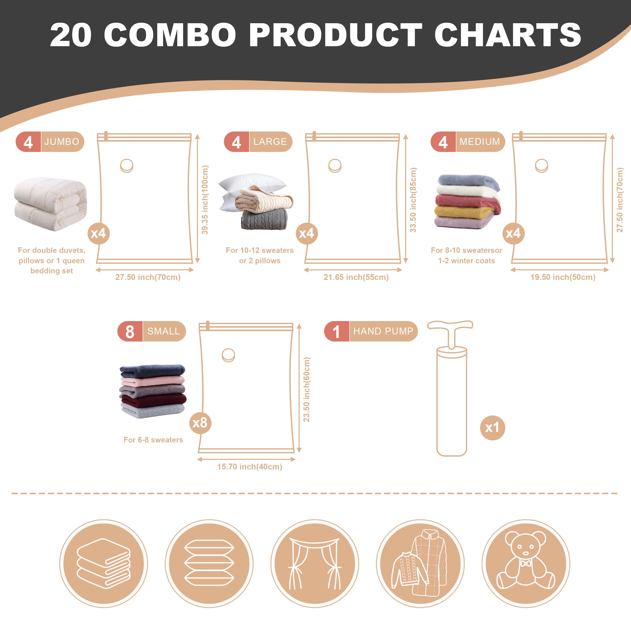 20-Pack Vacuum Storage Bags with Hand Pump - Space Saving Vacuum Sealed Bags for Clothes, Comforters & Blankets (4 Jumbo/4 Large/4 Medium/8 Small) | Perfect for Seasonal Storage, Travel & Home Organization