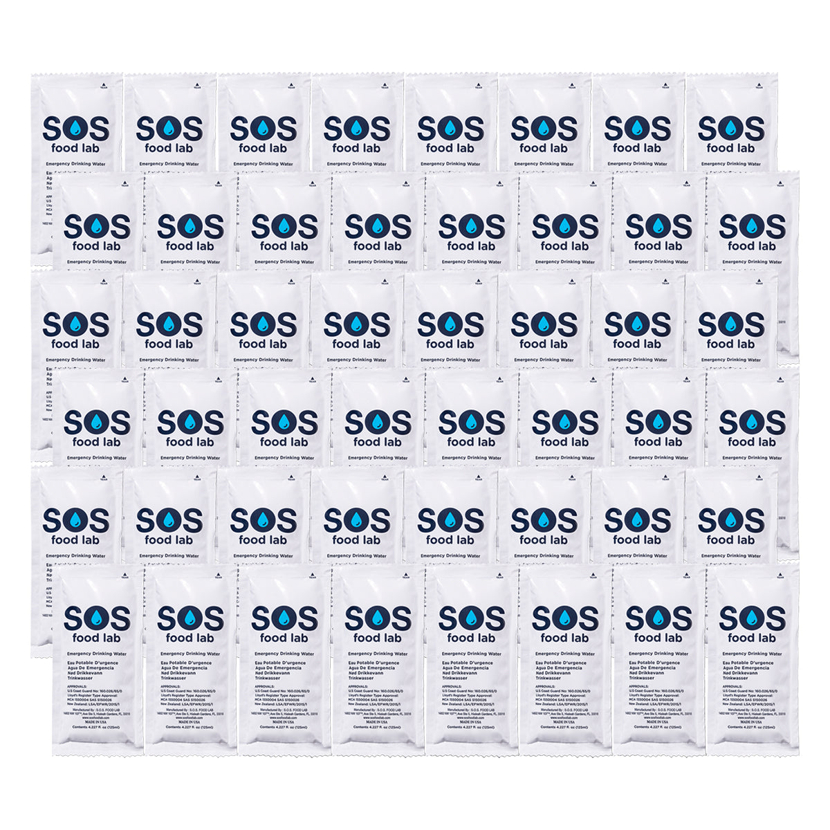 GSA SOS Emergency Drinking Water Pack of 48 - Survival Water Pouches for Camping, Hiking, Disaster Preparedness & Emergency Kits