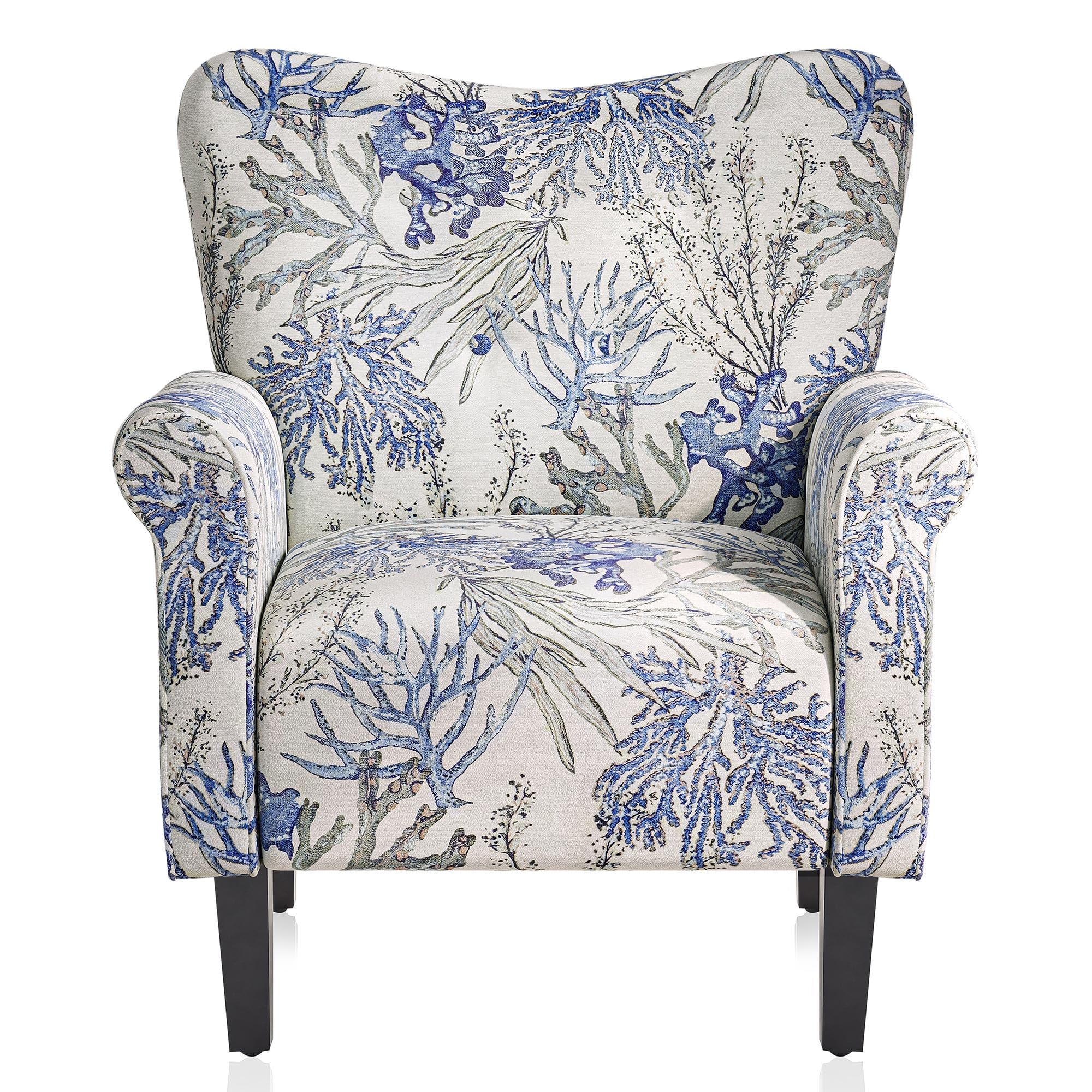 BELLEZE Modern Accent Chair with High Back & Wooden Legs - Blue Coral Upholstered Wingback Armchair for Living Room, Bedroom, Office | Comfortable Linen Fabric & Padded Armrests for Relaxing, Reading & Home Decor