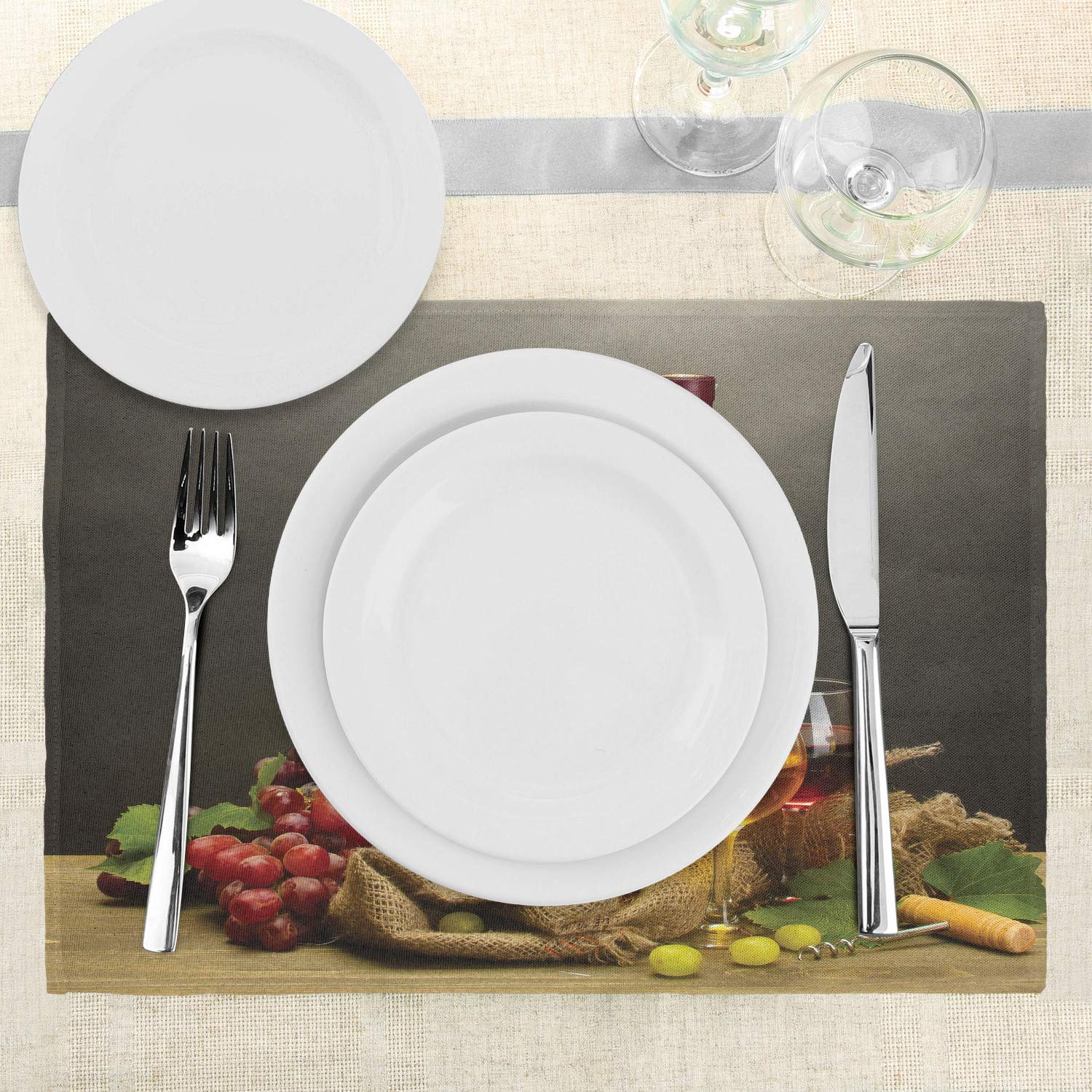 Ambesonne Winery Place Mats Set of 4 - Wine Bottle & Grape Design Washable Fabric Placemats for Dining Table - Standard Size Grey Taupe - Perfect for Dinner Parties, Wine Tasting Events & Home Decor