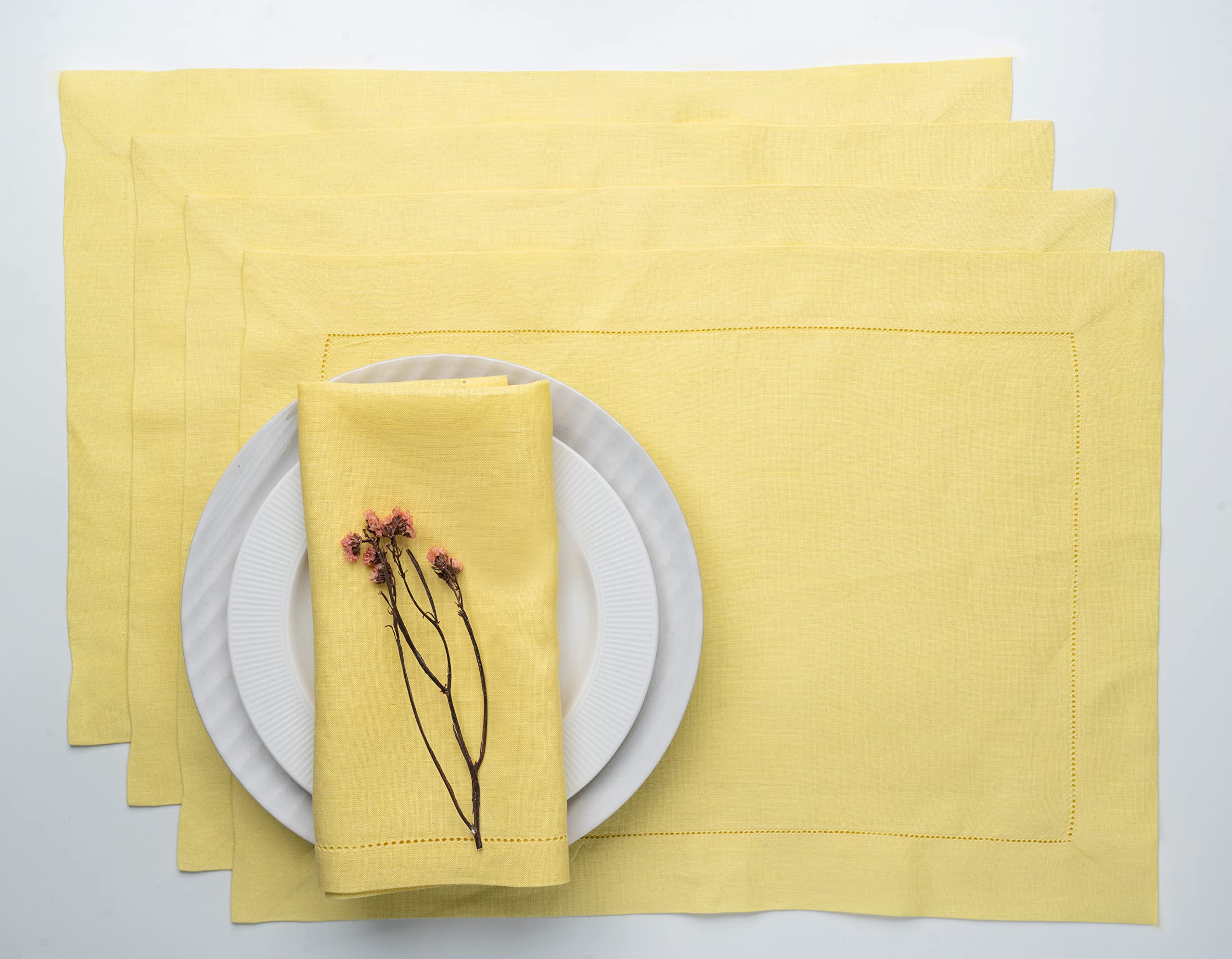 Premium 100% Pure Linen Placemats Set of 4 - 14x19 Inch Lemon Yellow Hemstitch Table Mats - Elegant Fall & Wedding Decor - Machine Washable for Easy Care - Perfect for Dining, Thanksgiving Dinner, Party Table Setting & Home Decor