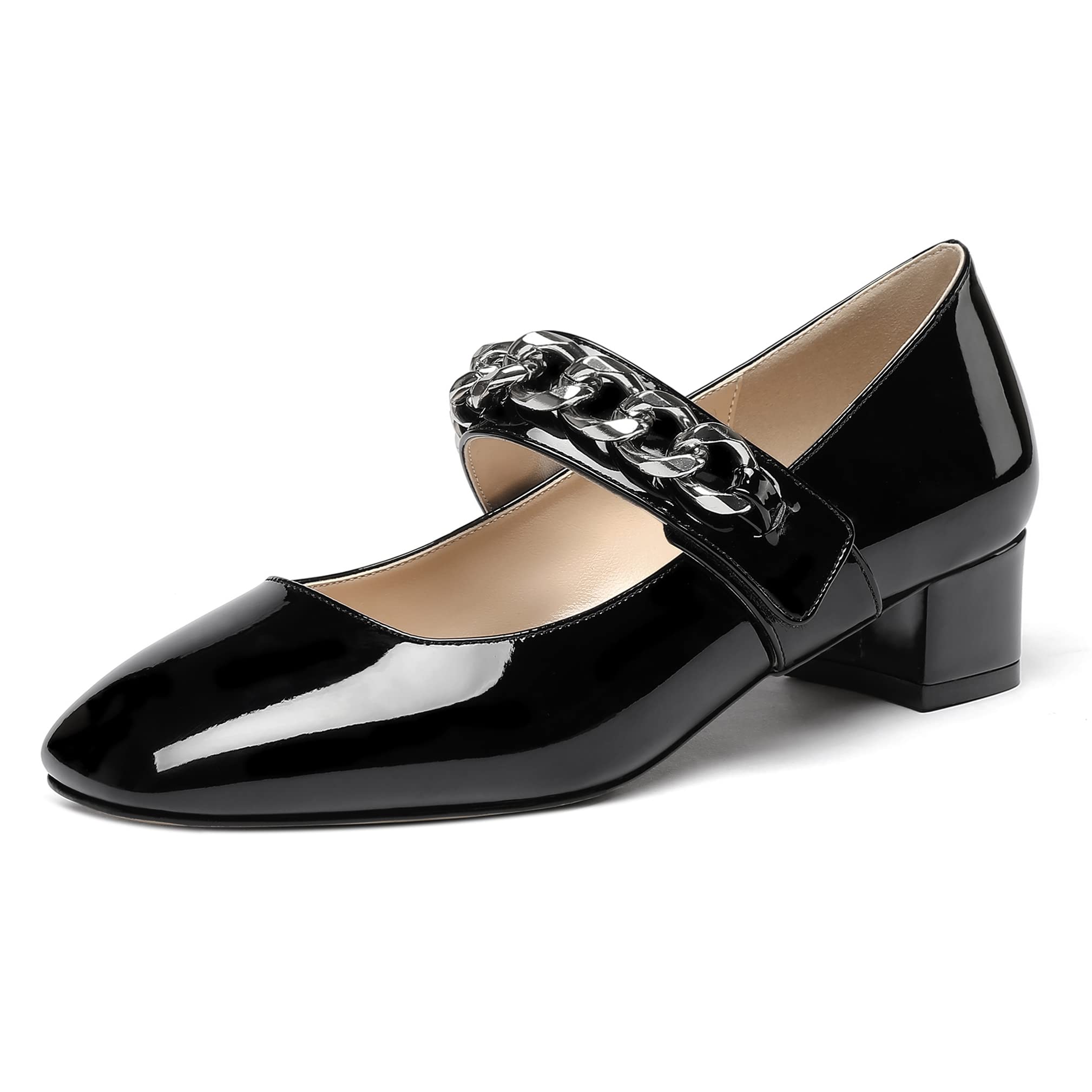 WAYDERNS Women's Square Toe Patent Leather Chunky Low Heel Pumps with Velcro Strap & Metal Chain Detail - 1.5 Inch Comfortable Dress Shoes for Office, Party & Special Occasions