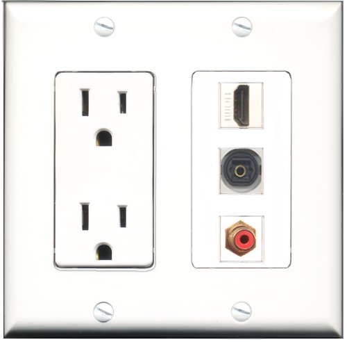 RiteAV 15 Amp Power Outlet with HDMI, RCA Red & Toslink Ports - Decorative Wall Plate for Home Theater & Audio Setup