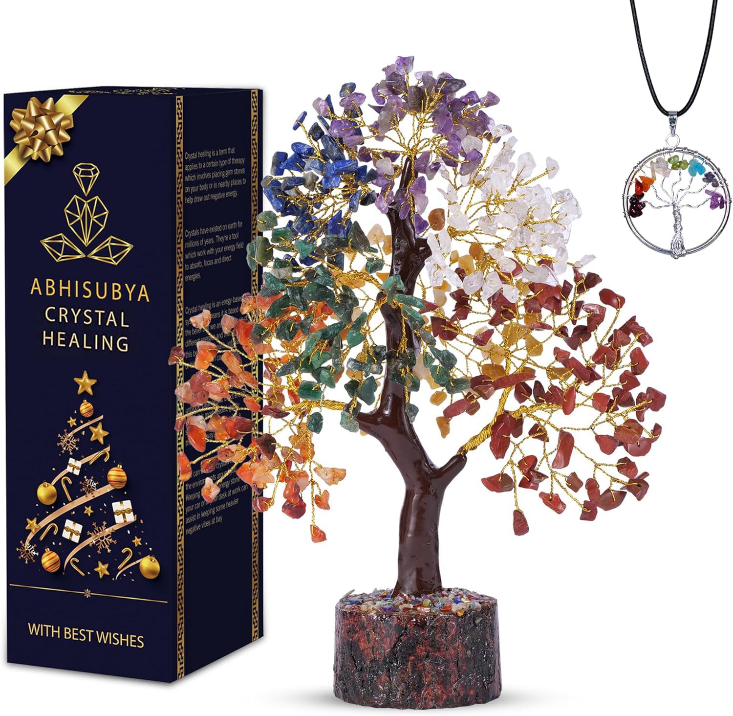 Abhisubya Seven Chakra Crystal Tree - Healing Gemstone Bonsai for Meditation & Feng Shui - Unique Birthday Gift for Women, Housewarming Present, Spiritual Home Decor - Perfect for Yoga Rooms, Office Desk & New Home Blessings