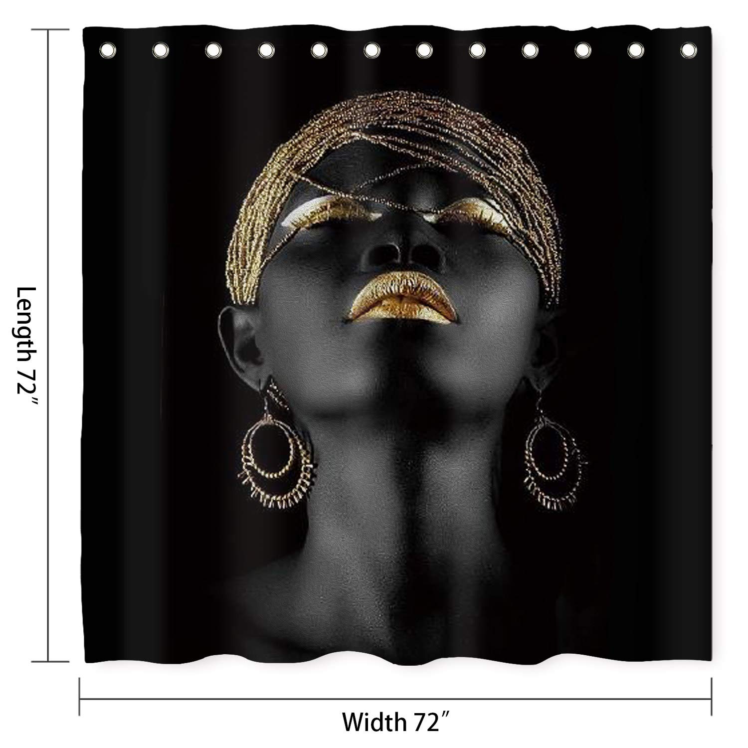 Black Afro Girl Shower Curtain with Golden Lips Design - 72x72 Inch Washable Polyester Fabric Bathroom Decor Set Includes 12 Hooks - Perfect for Afrocentric Bathroom Themes, Black Girl Magic Decor & Modern Home Accessories