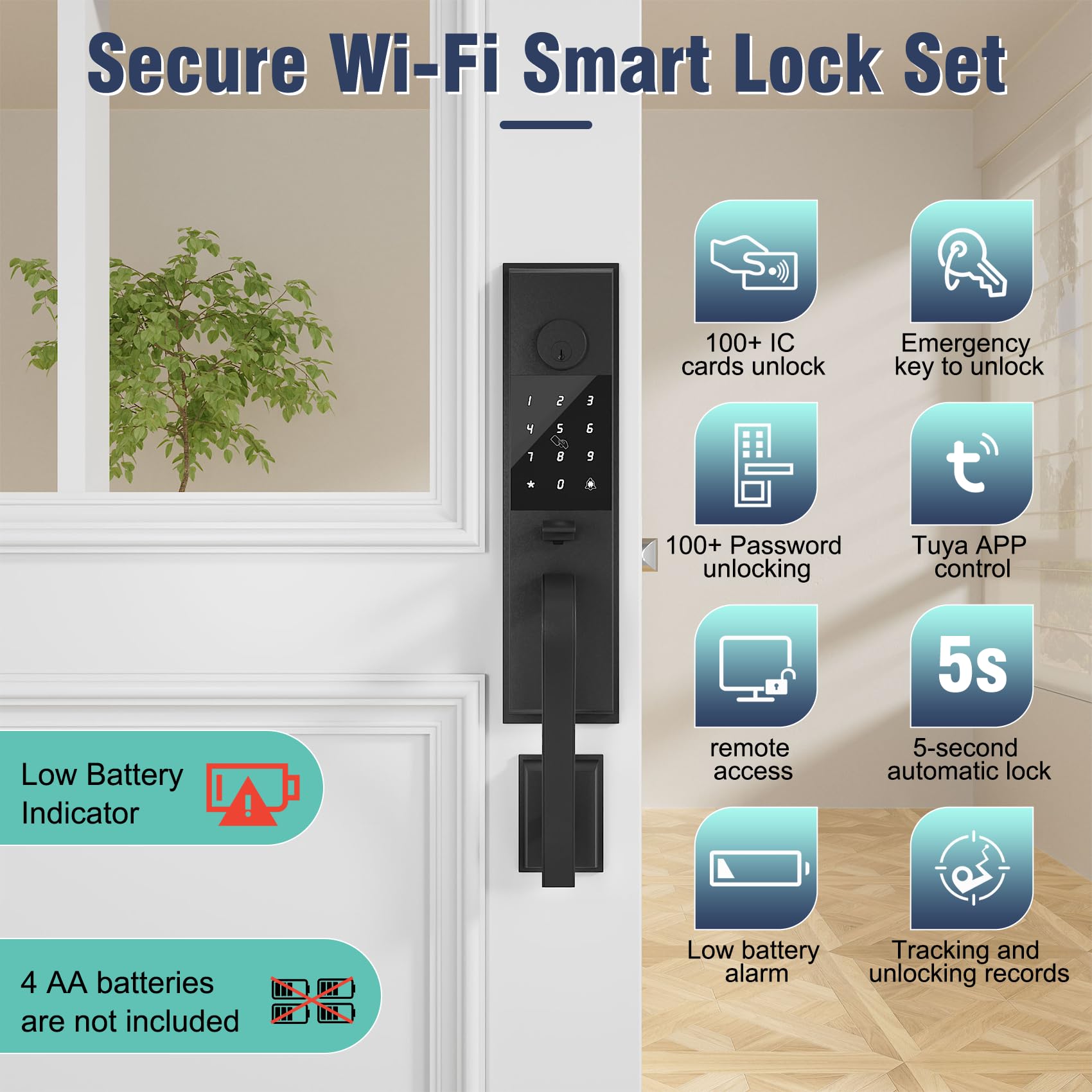 Smart Keyless Entry Door Lock - Touchscreen Keypad Electronic Digital Lock with Auto Lock & Tuya App Control - Matte Black Front Door Smart Lock for Home Security & Convenience (Ideal for Vacation Homes, Rentals & Smart Home Integration)