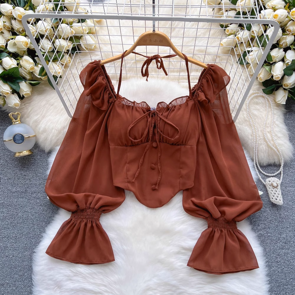 French Puff Sleeve Square Neck Cropped Chiffon Blouse - Elegant Women's Summer Tops for Casual Wear, Date Night & Office Outfits