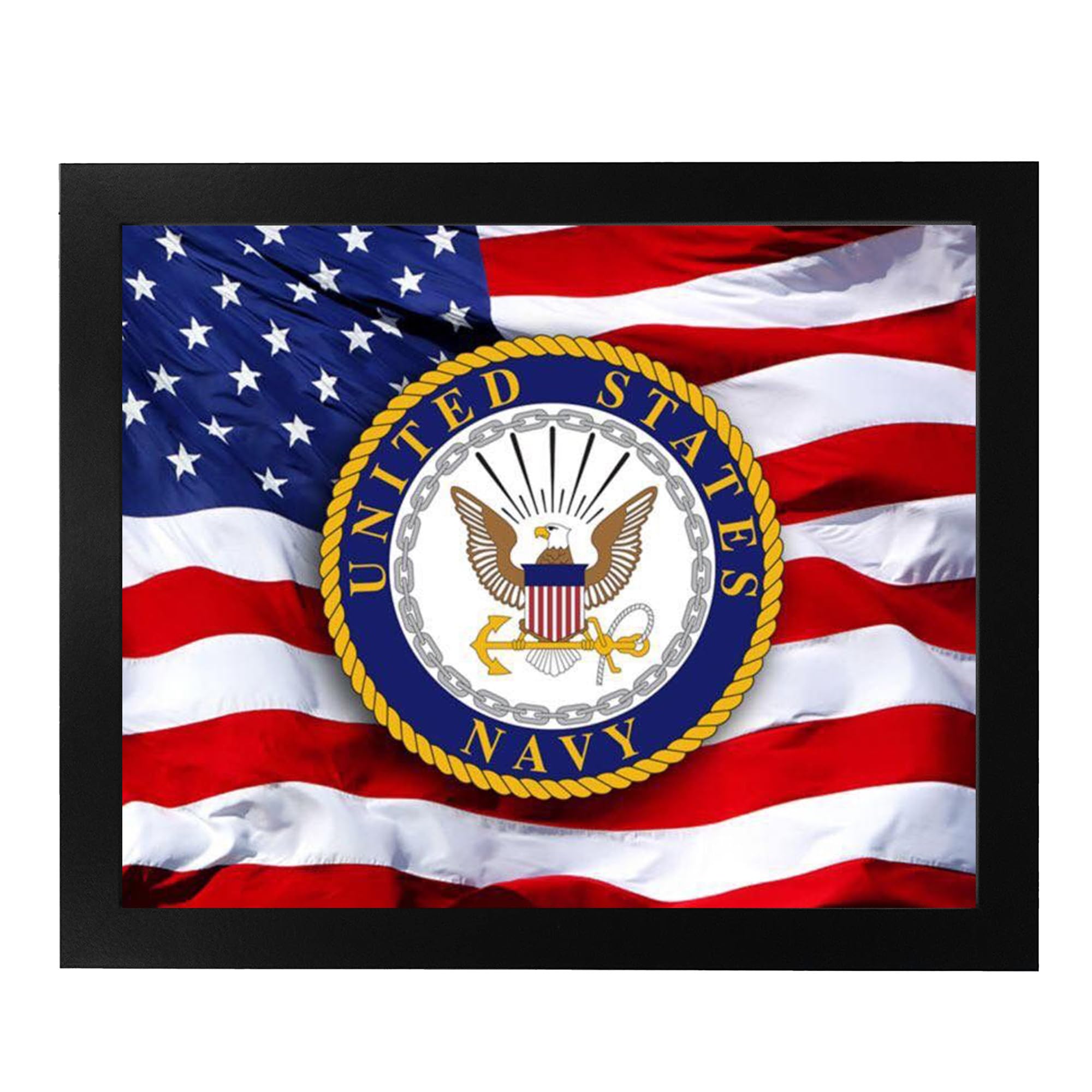 US Navy Emblem on American Flag Military Wall Art - Official Navy Seal Decor, Patriotic Old Glory Waving Print for Home, Living Room & Office - Unframed 8x10 - Perfect for Veterans Day, Military Gifts & Patriotic Home Decor