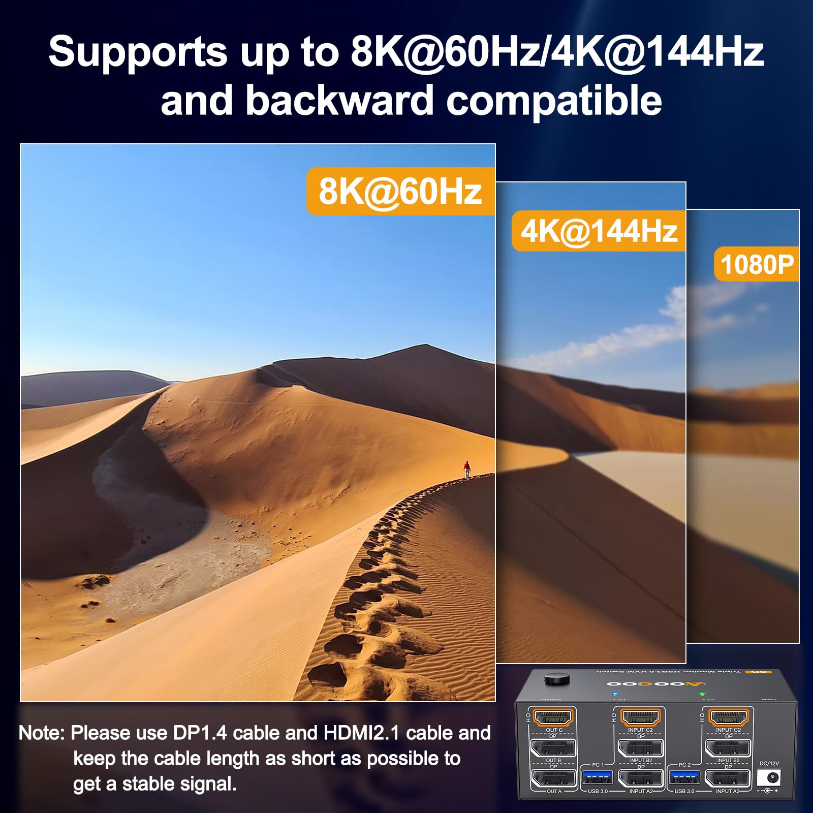 4K@144Hz 8K@60Hz KVM Switch for 3 Monitors & 2 Computers - Dual DisplayPort + HDMI USB 3.0 Hub with 4 Ports, Wired Remote, Power Adapter & USB 3.0 Cables Included - Ideal for Gaming, Office & Multi-Tasking Workstations