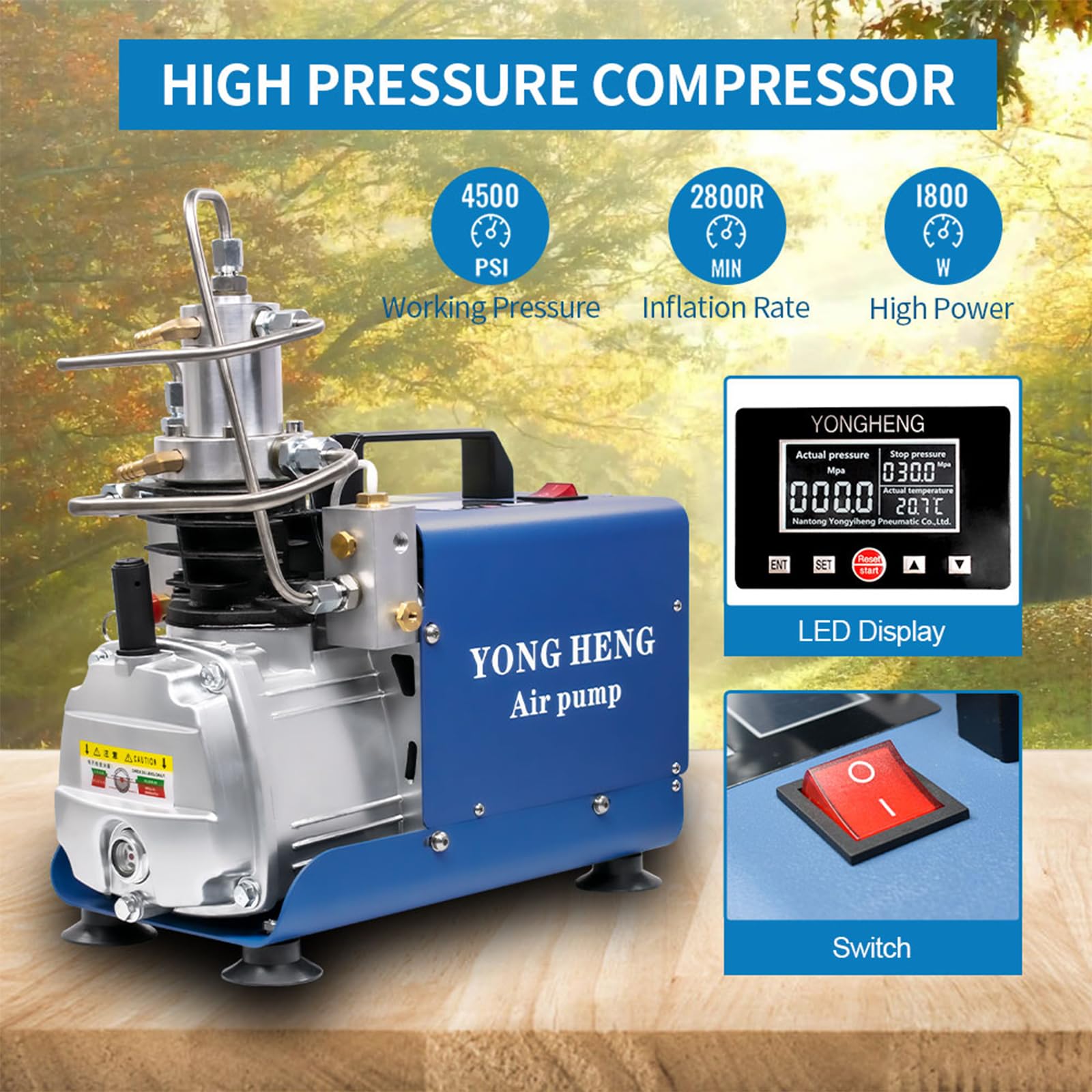 YONG HENG 4500Psi/30Mpa High Pressure Air Compressor Pump with LCD Display, Auto-Stop & Built-in Water-Oil Separator - PCP Air Rifle Filling for Hunting, Shooting & Paintball (Portable Airgun Accessory)