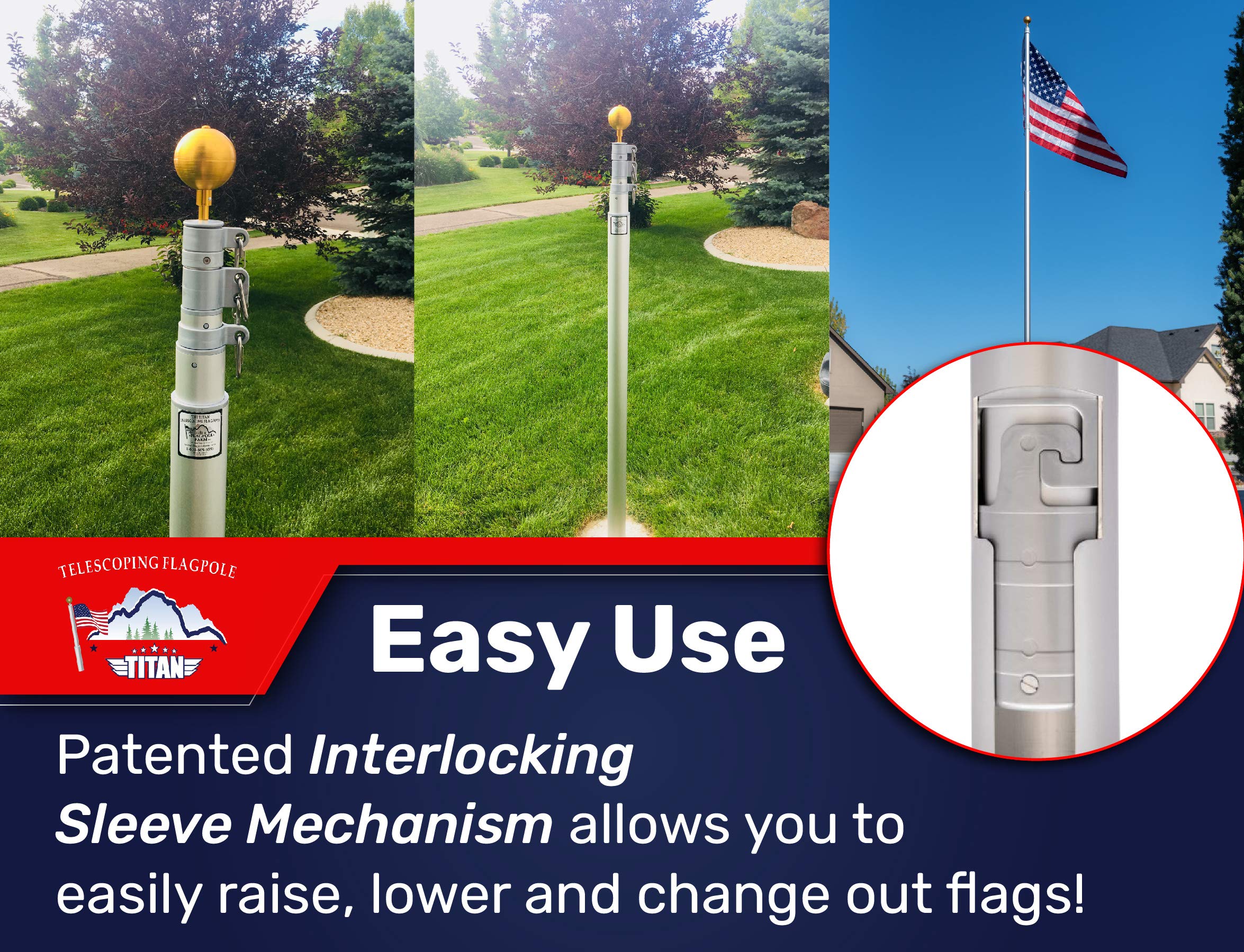 15ft Heavy Duty Telescoping Flag Pole Kit - Anodized Aluminum Silver Flagpole Made in USA with 3x5 American Flag & Dual Flag Hardware | Perfect for Residential, Commercial & Patriotic Events