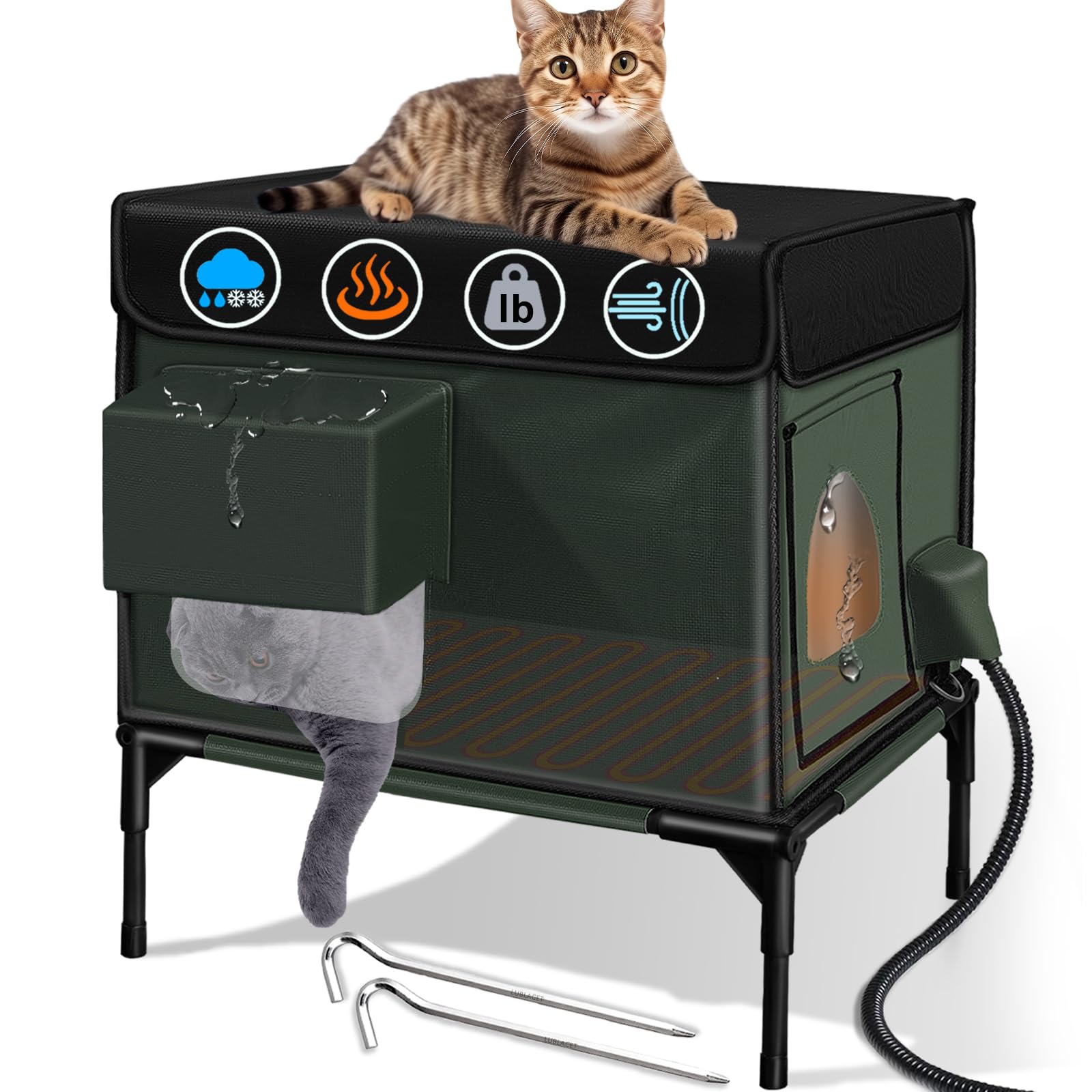 Heated Cat House - Insulated & Waterproof Outdoor Cat Shelter with Adjustable Awning & Escape Door - Indoor/Outdoor Use - Dark Green 13x17x20 Inches - Perfect for Winter Warmth & Backyard Protection