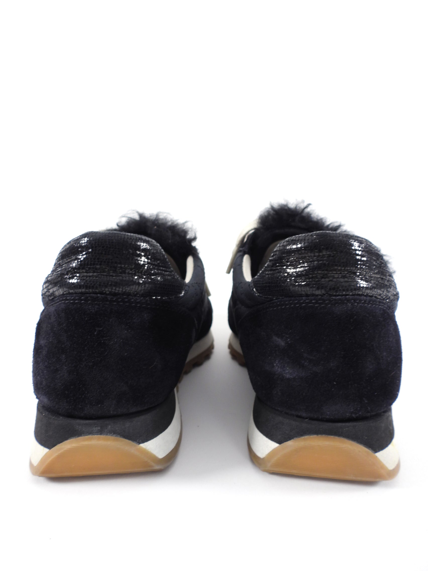 Brunello Cucinelli Black Shearling Nylon Monili Sneakers - Women's Size 38.5/38 - Luxurious Comfort for Winter Walking & Casual Outfits