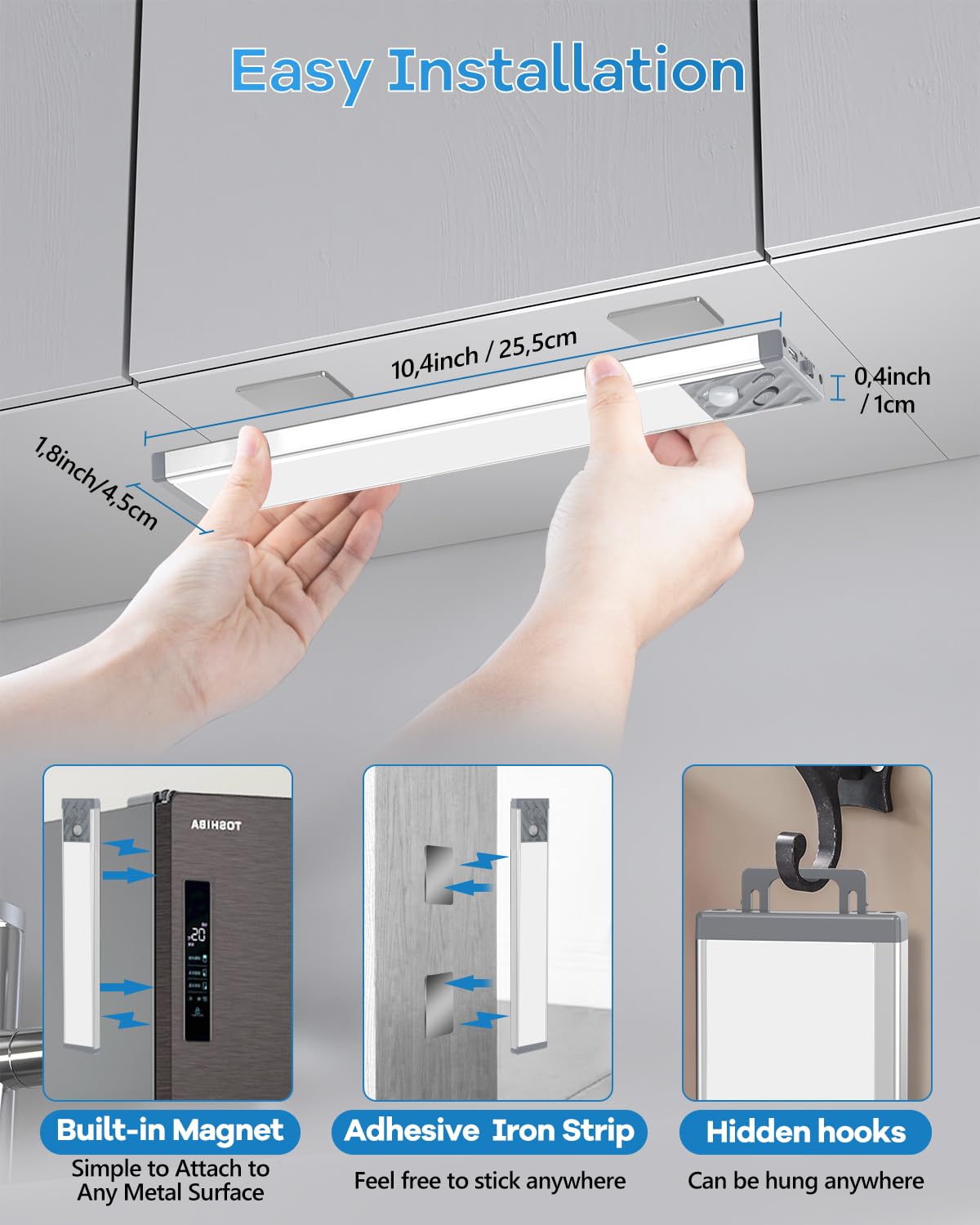 HIBOITEC Rechargeable Under Cabinet Lighting - 50 LED Dimmable Wireless Motion Sensor Lights for Kitchen, Pantry & Closet (2 Pack, Cool White, 10 Inch) - Perfect for Nighttime Kitchen Tasks, Dark Closets & Pantry Organization