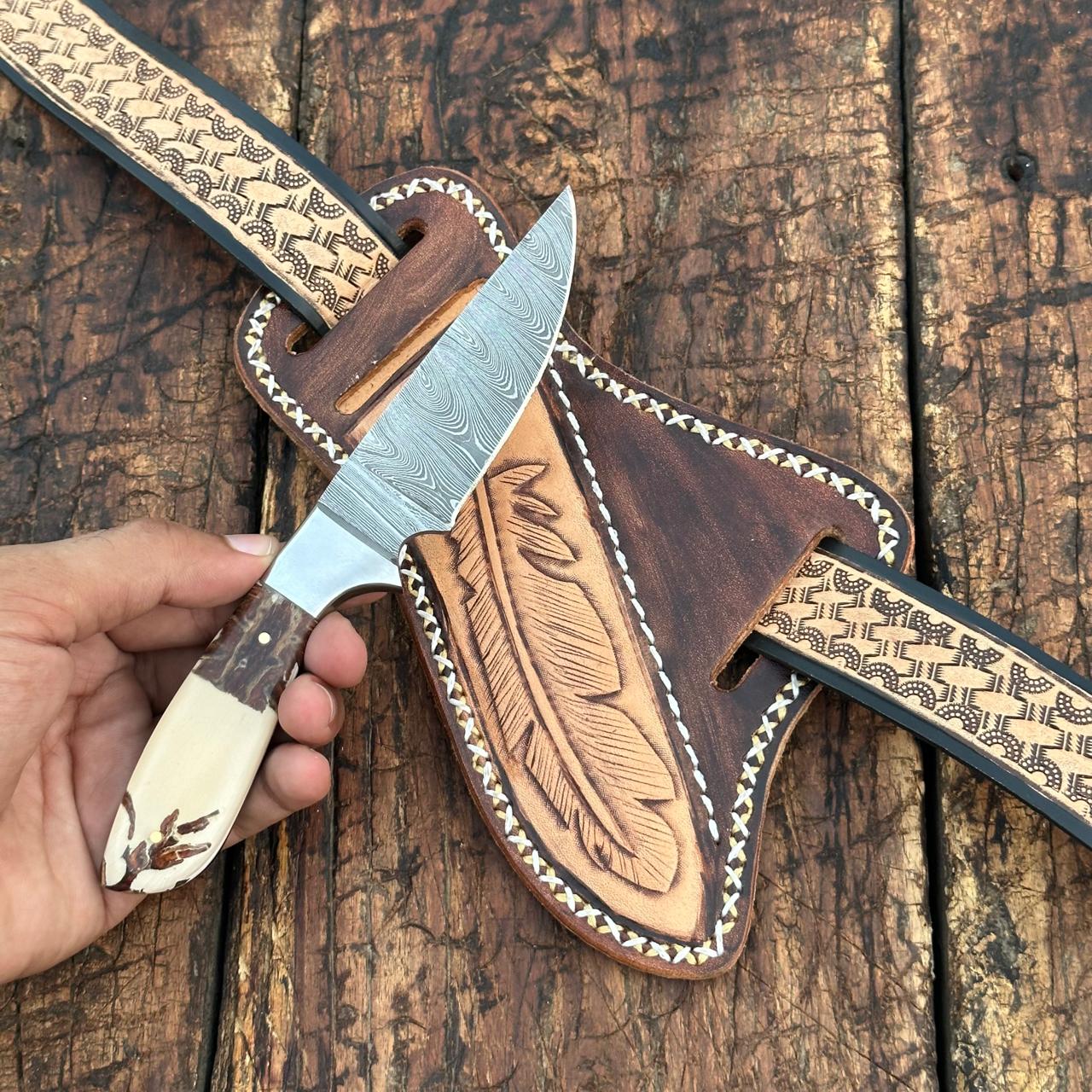 Premium Damascus Steel Skinner Knife with Handcrafted Leather Sheath - Hunting, Camping, Outdoor Survival Gear for Bushcraft & Skinning Game