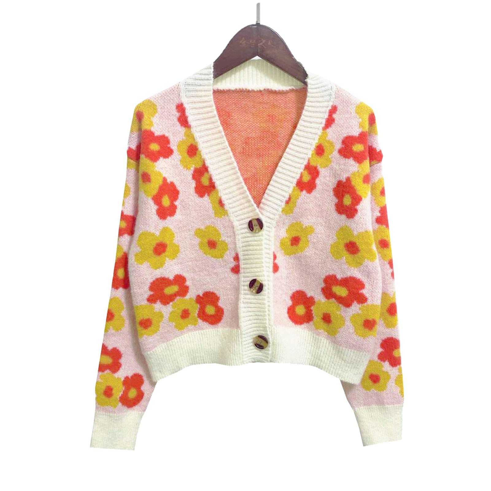 Women's Black Floral Print V-Neck Button-Up Loose Fit Short Sweater - Long Sleeve Casual Pullover for Fall, Date Night & Office Wear
