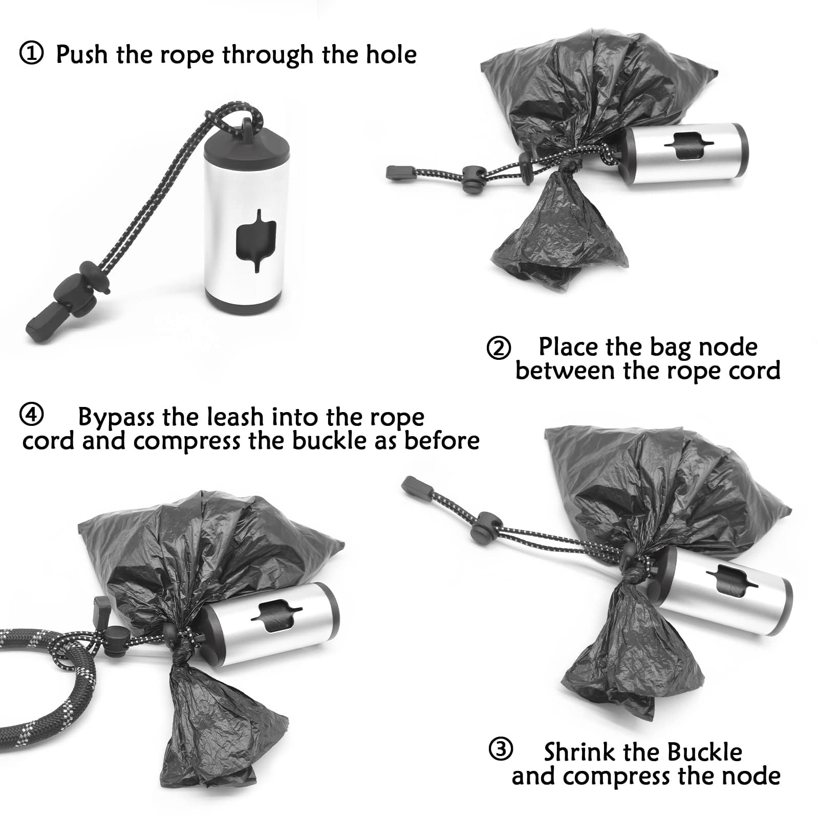 Durable Aluminum Dog Poop Bag Holder with Carabiner Clip - Metal Pet Waste Dispenser with Hook & Loop Fastener, Elastic Cord for Used Bags (Silver, Includes 15 Bags) - Perfect for Walking, Hiking, and Outdoor Pet Cleanup
