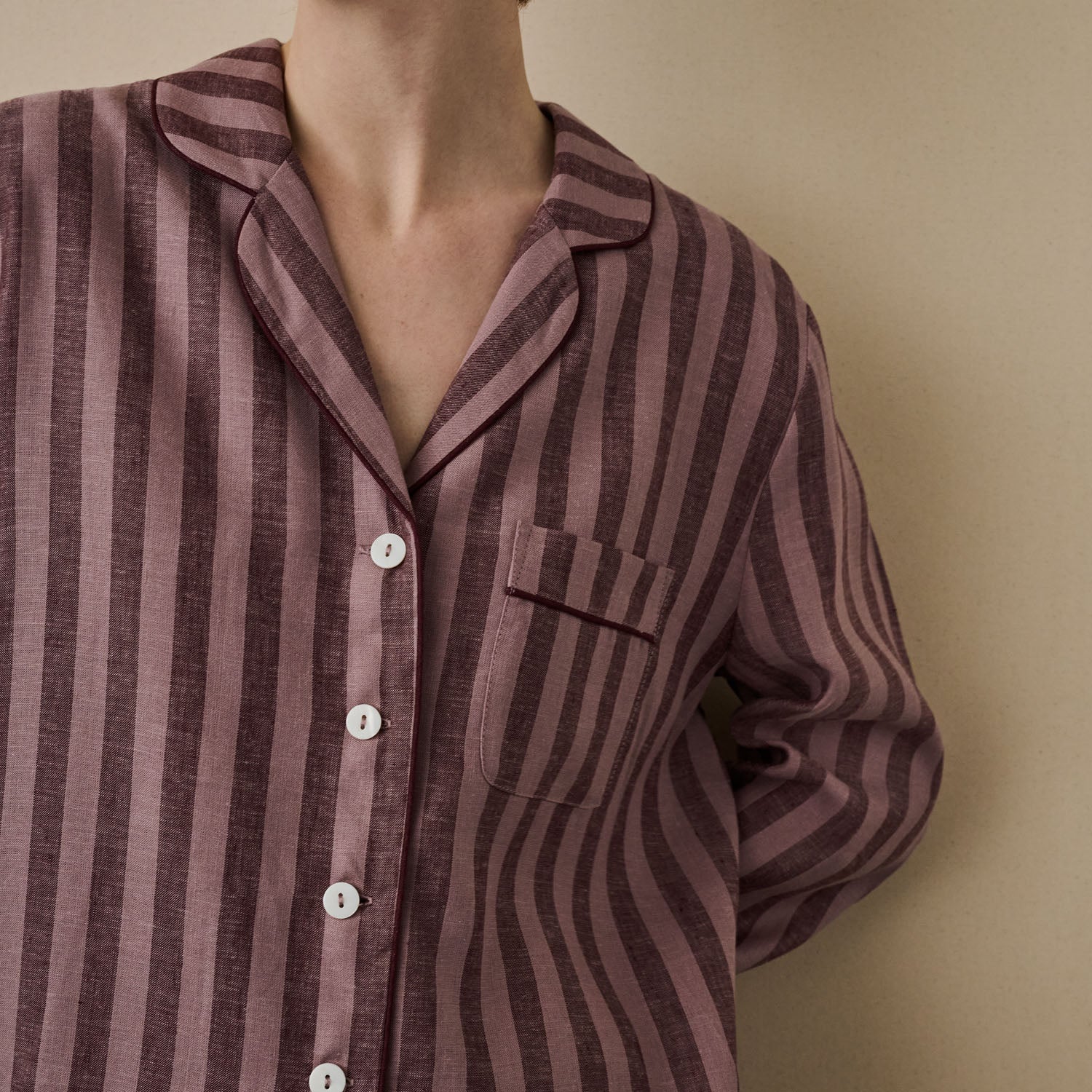 Port & Woodrose Striped Linen Pajama Shirt for Women - Soft & Breathable Sleepwear - Perfect for Lounging, Bedtime & Relaxation at Home